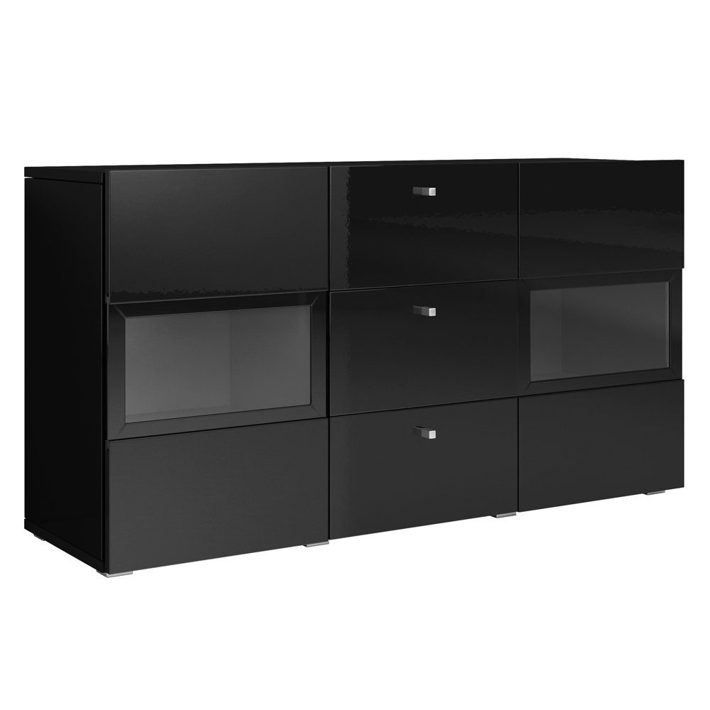 Lomadox Vitrine ARVADA-83 Sideboard schwarz Hochglanz mit Korpus in schwarz matt, : 132/70/39 cm