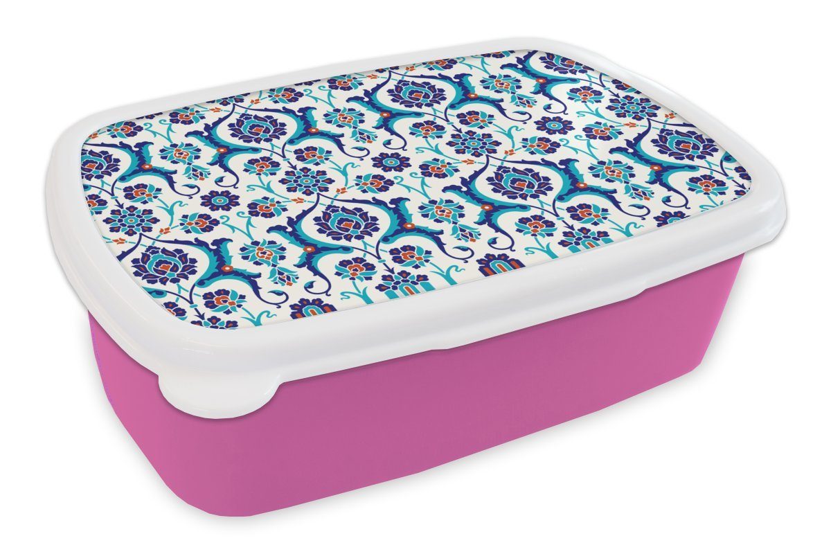 MuchoWow Lunchbox Blumen - Muster - Blau, Kunststoff, (2-tlg), Brotbox für Erwachsene, Brotdose Kinder, Snackbox, Mädchen, Kunststoff rosa