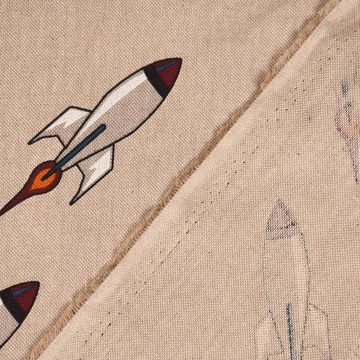 SCHÖNER LEBEN. Stoff Dekostoff Halbpanama Leinenlook Rocket Launch Raketen natur 1,40m