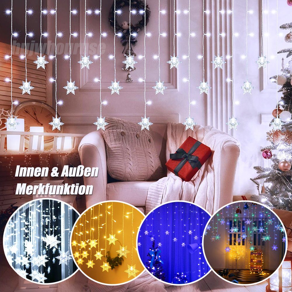 Laybasic LED-Lichterkette LED Vorhang Wasserdicht Lichter, Schneeflocken LED Speicherf, 8 Lichterketten,Schneeflocke Lichterkette Modi, Lichtervorhang Weiß IP44