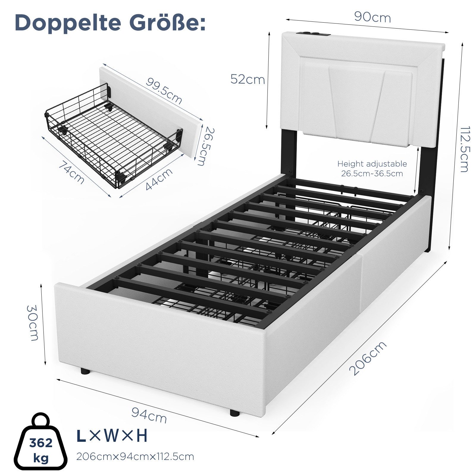 oyajia Polsterbett LED Doppelbett 140x200 cm, mit 4 Schubladen und Lattenrost (Kopfteil mit stauraum und USB-Ladefunktion, Polsterbett mit Metall Bettgestell, P – Bild 3 von 5