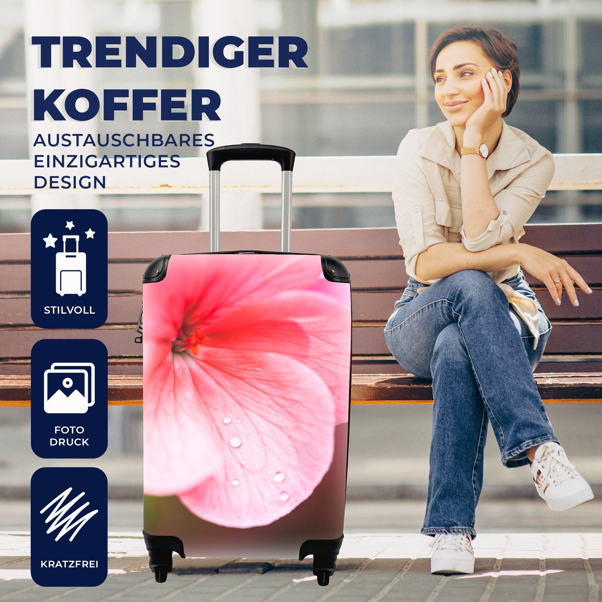 Reisekoffer Handgepäckkoffer rosa mit Rollen, Wassertropfen für der Geranie, rollen, Reisetasche Ferien, auf Trolley, 4 MuchoWow Handgepäck