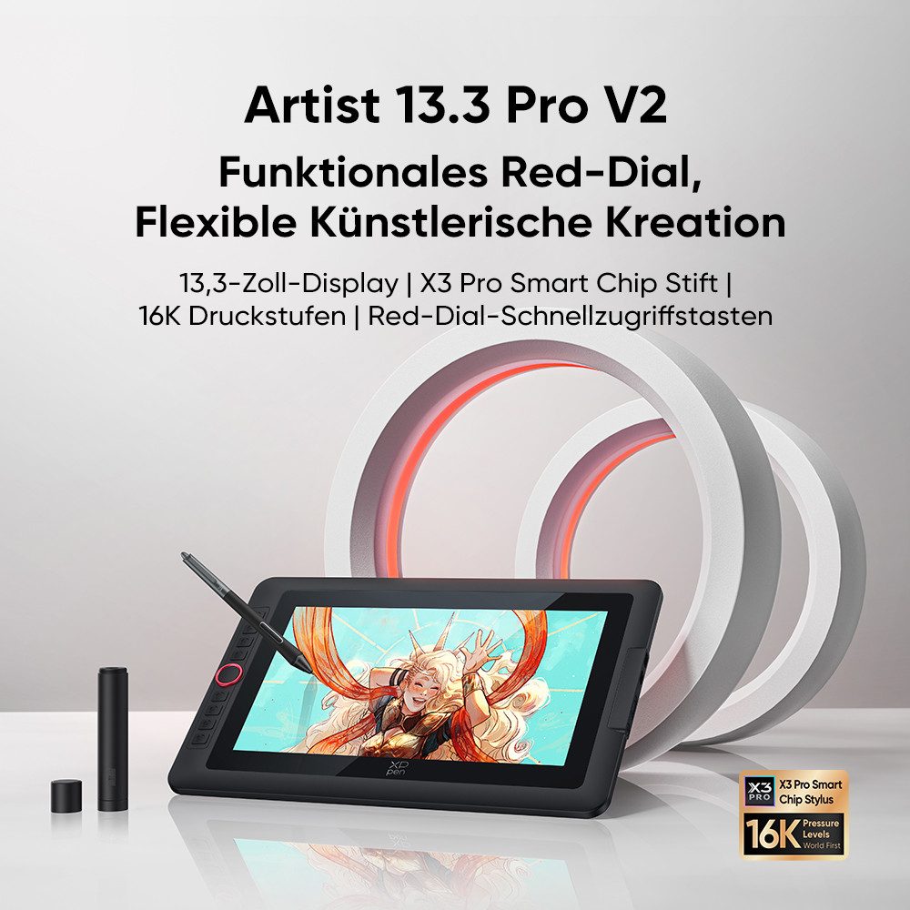 XP-PEN Artist 13.3 Pro V2 Grafiktablett (13.3", 16K-Druck, X3-Chip, FHD-Display, Standfuß)