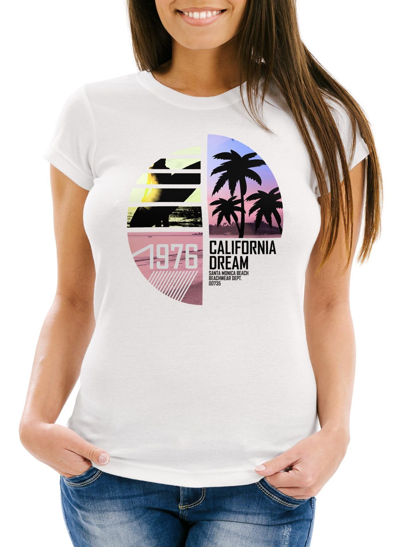 Print-Shirt Damen Print Slim mit weiß Fit Surfing Moonworks® California MoonWorks T-Shirt