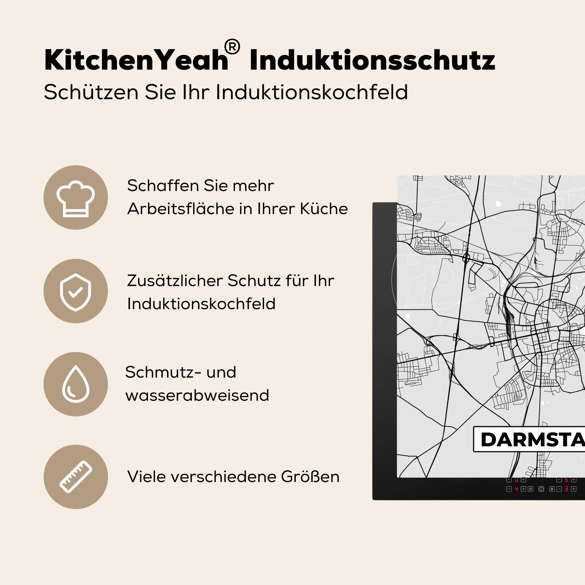 - küche Arbeitsplatte Stadtplan, (1 78x78 MuchoWow Ceranfeldabdeckung, für Karte tlg), cm, Vinyl, Deutschland Karte - - Herdblende-/Abdeckplatte Darmstadt -