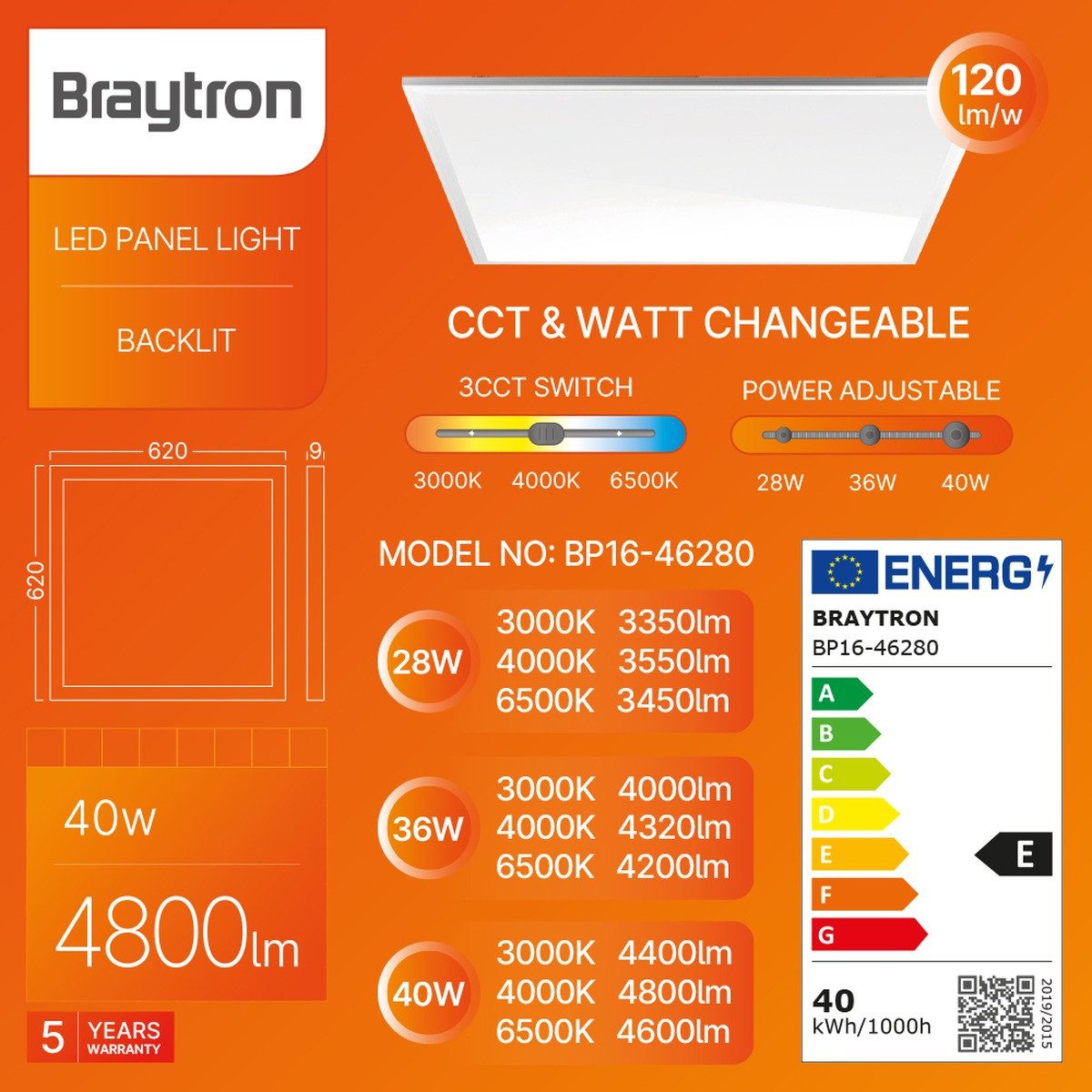 Braytron LED Panel Panel Deckenleuchte Rasterleuchte 62x62 cm schaltbar 28-40W 3CCT Büro, LED fest integriert, Neutralweiß, Kaltweiß, Warmweiß, 3CCT Schaltbar, Leistung Schaltbar, Slim, Energieeffizient