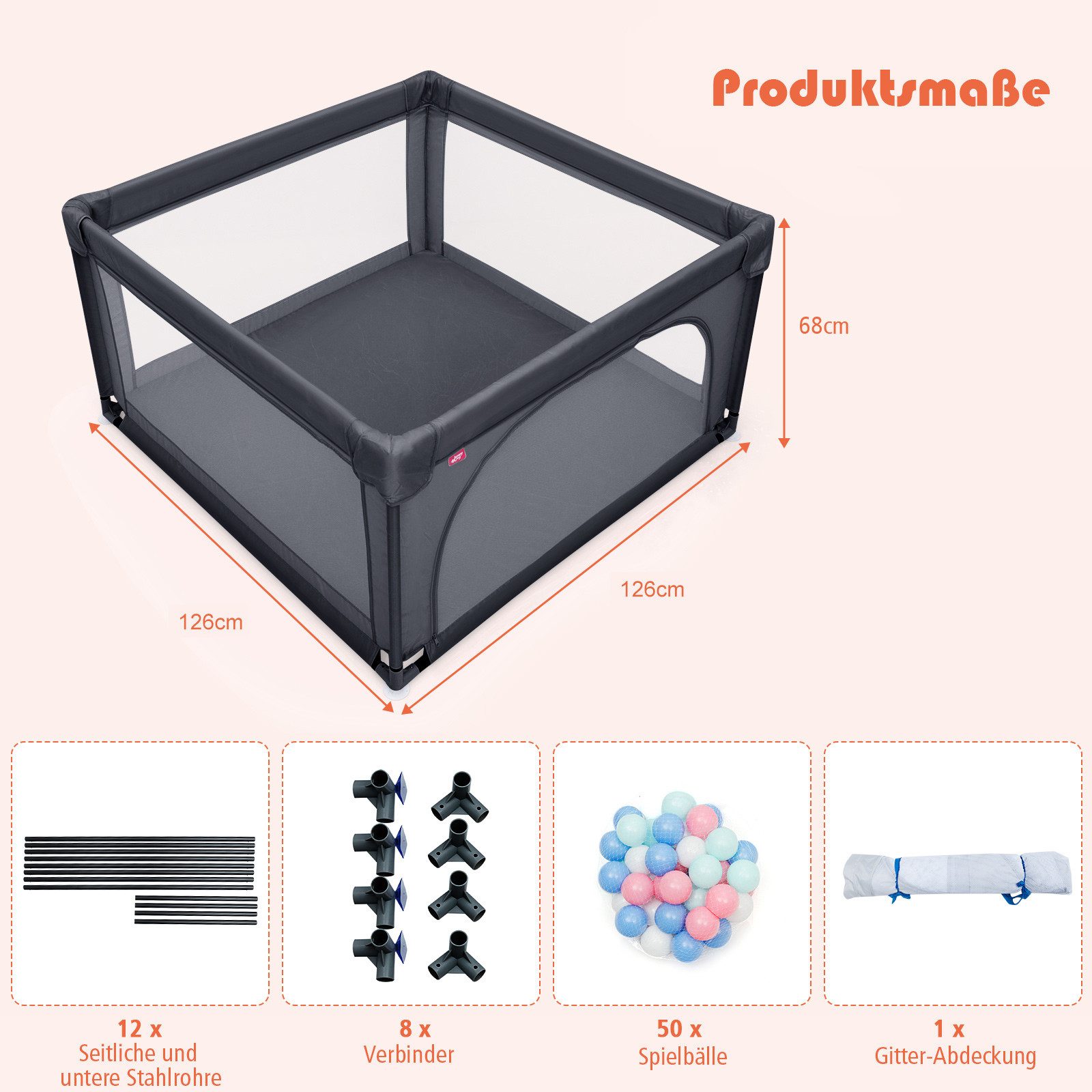 COSTWAY Laufstall Baby Laufgitter, 120x120cm, mit atmungsaktivem Netz & Reißverschluss – Bild 5 von 5
