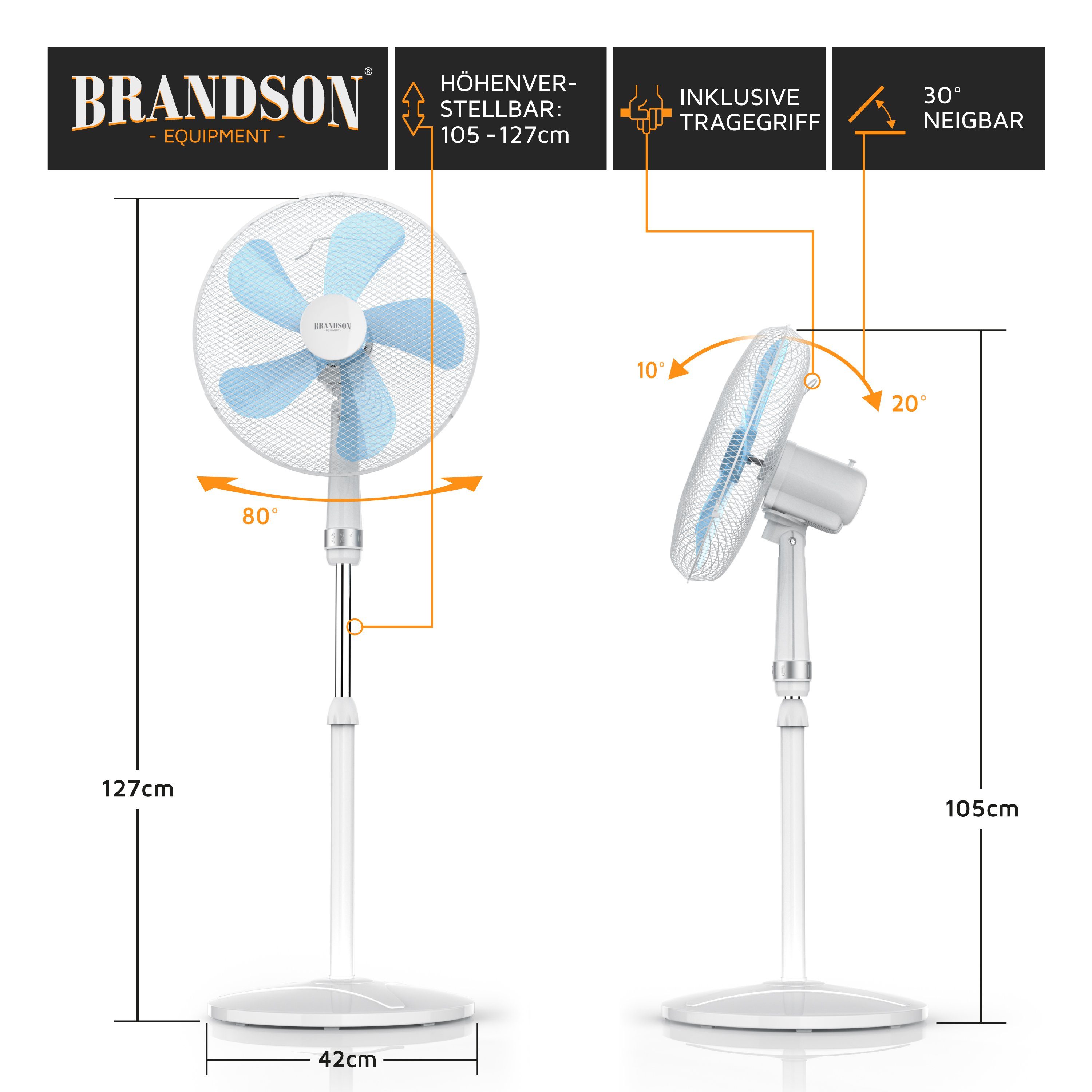 Brandson Standventilator mit Oszillation, Standlüfter mit 105 – 127 cm Höhe, Ventilator, 42 cm Durchmesser, Preisträger 2025, mobiler Lüfter, 3 Geschwindigkeitsstufen, GS-Geprüft