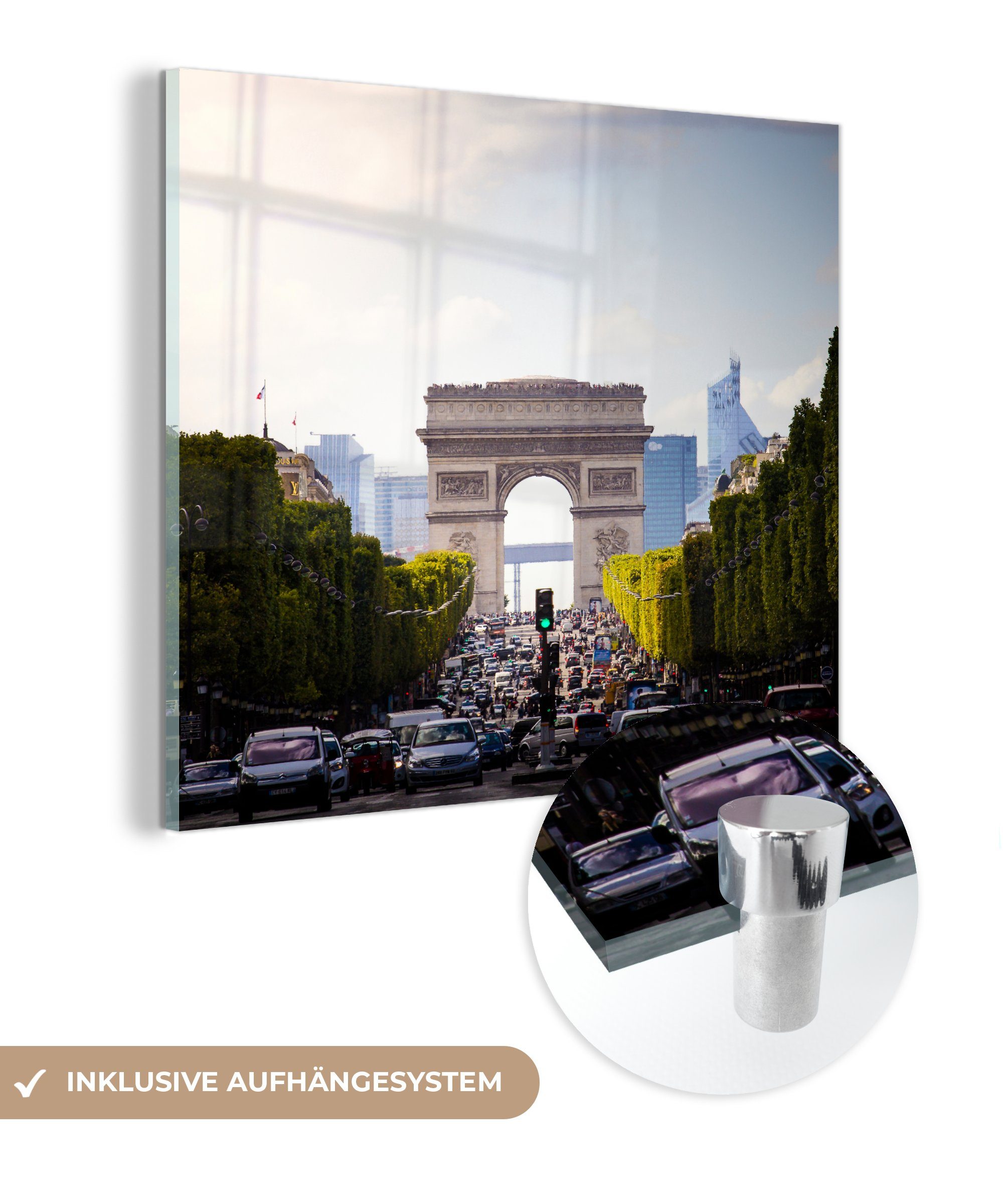 Elysées Wanddekoration vor dem Straßen der Triumphbogen, Bilder in Glas Glas Paris auf - auf MuchoWow Acrylglasbild St), Glasbilder belebten Die Foto - (1 Wandbild - Champs