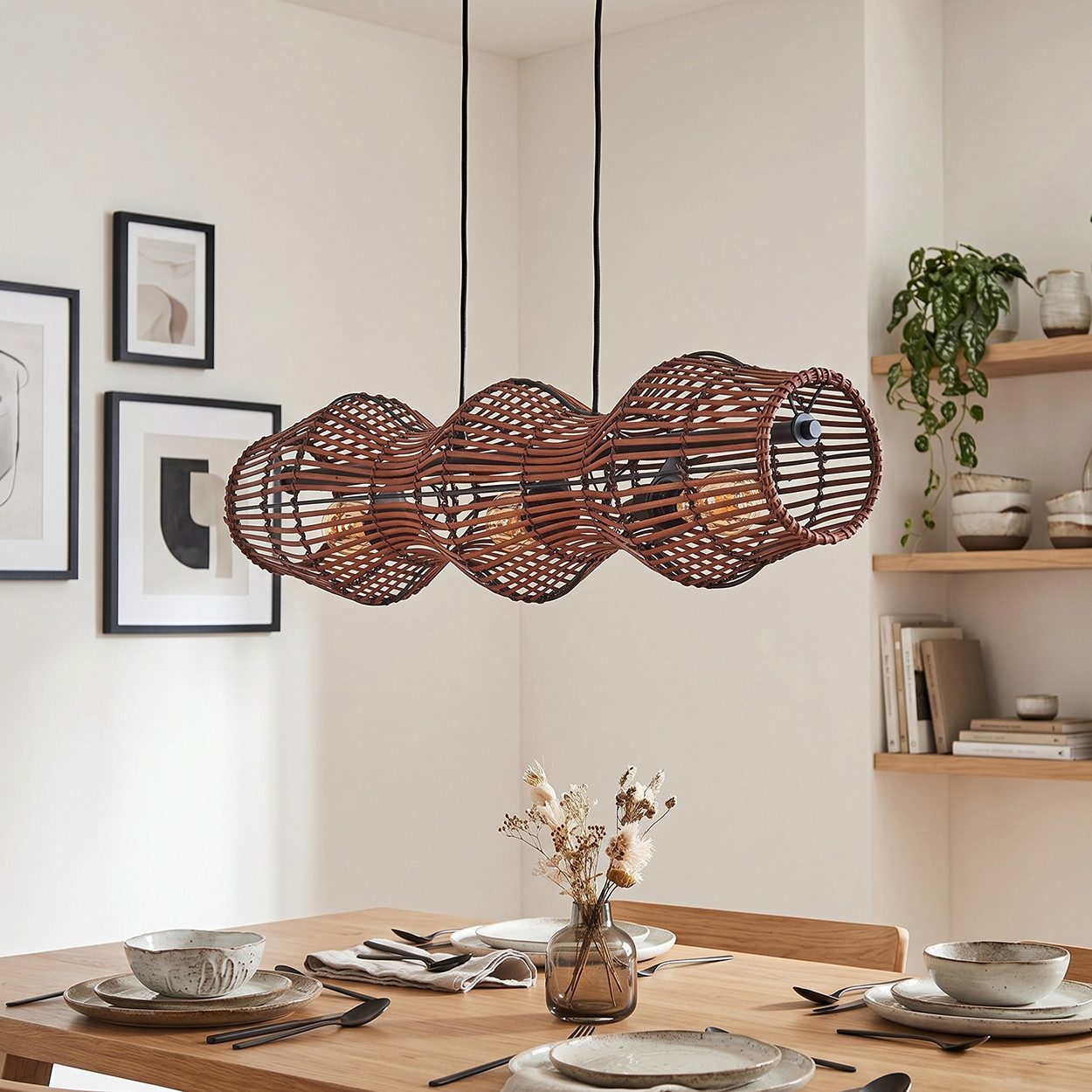 hofstein Pendelleuchte Hängelampe aus Metall/Bambus in Schwarz/Braun, ohne Leuchtmittel, Hängeleuchte im skandinavischen Design, Boho-Style, max. 170 cm, 3xE27