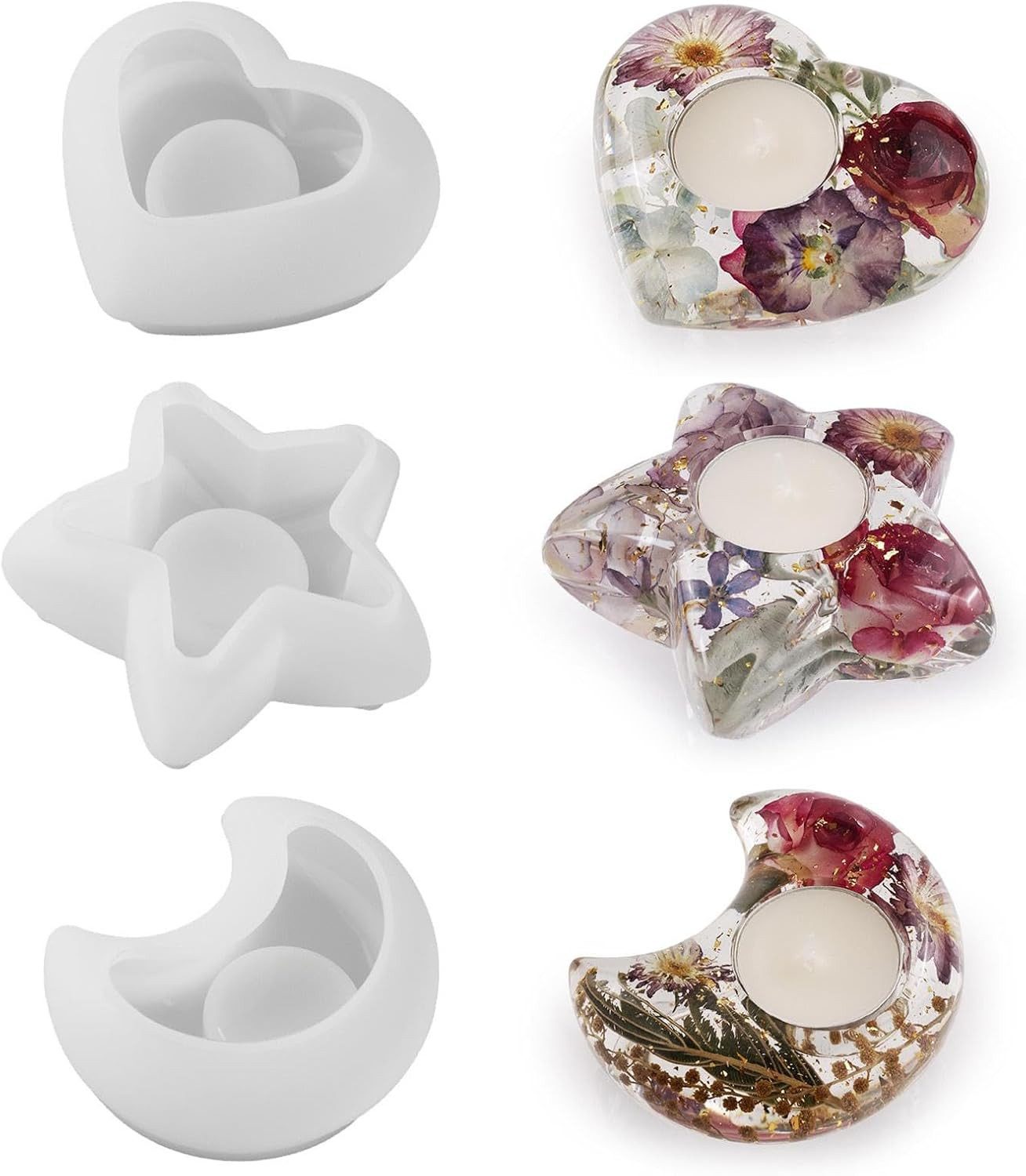 FELIXLEO Teelichthalter Teelicht Silikonform Set 3 Stück Stern Herz Mond Harzform Deko (1 St)