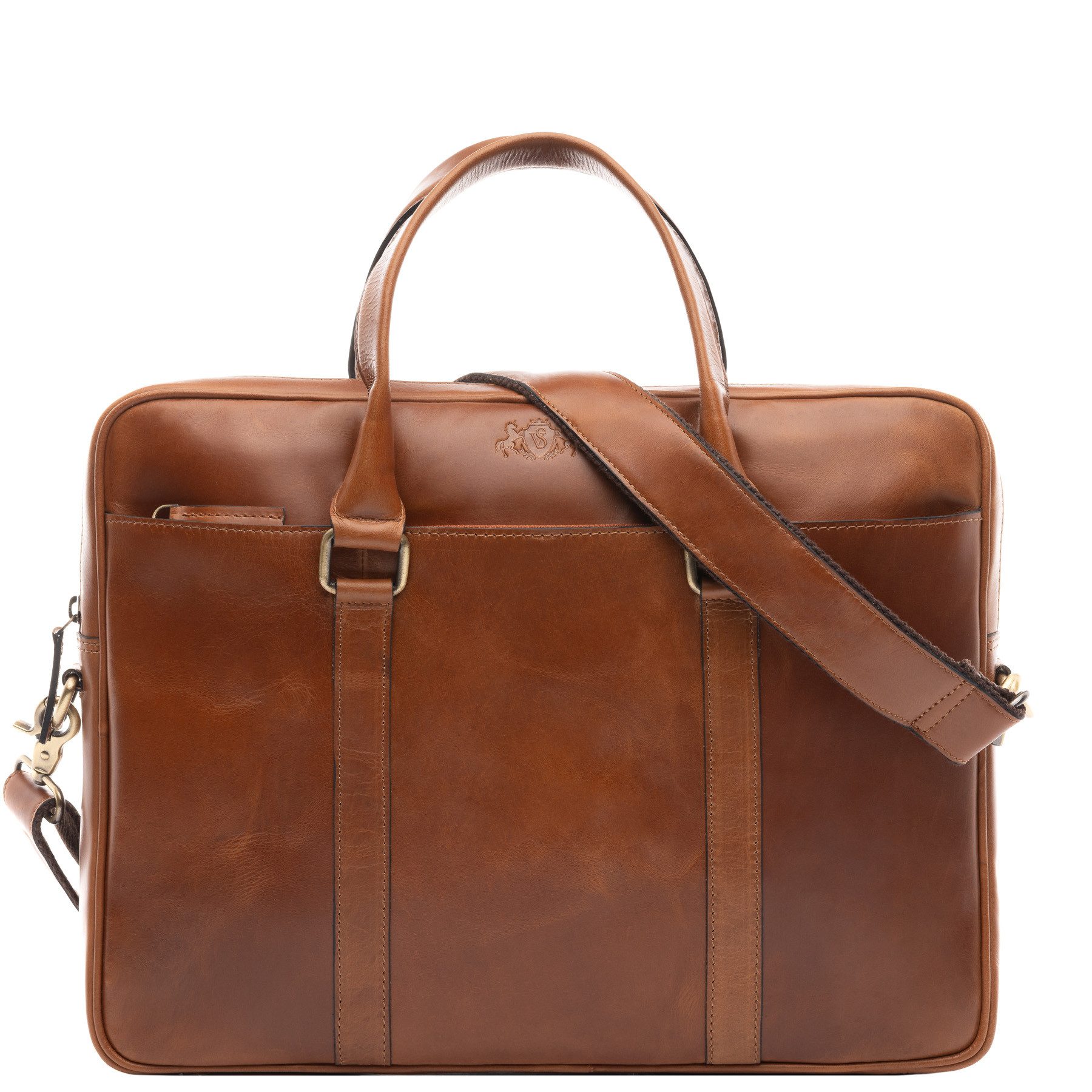 SID & VAIN Umhängetasche echt Leder groß 15 Zoll Laptop Fach hell-braun, Aktentasche 15 Zoll Laptop Echtleder Damen Herren braun