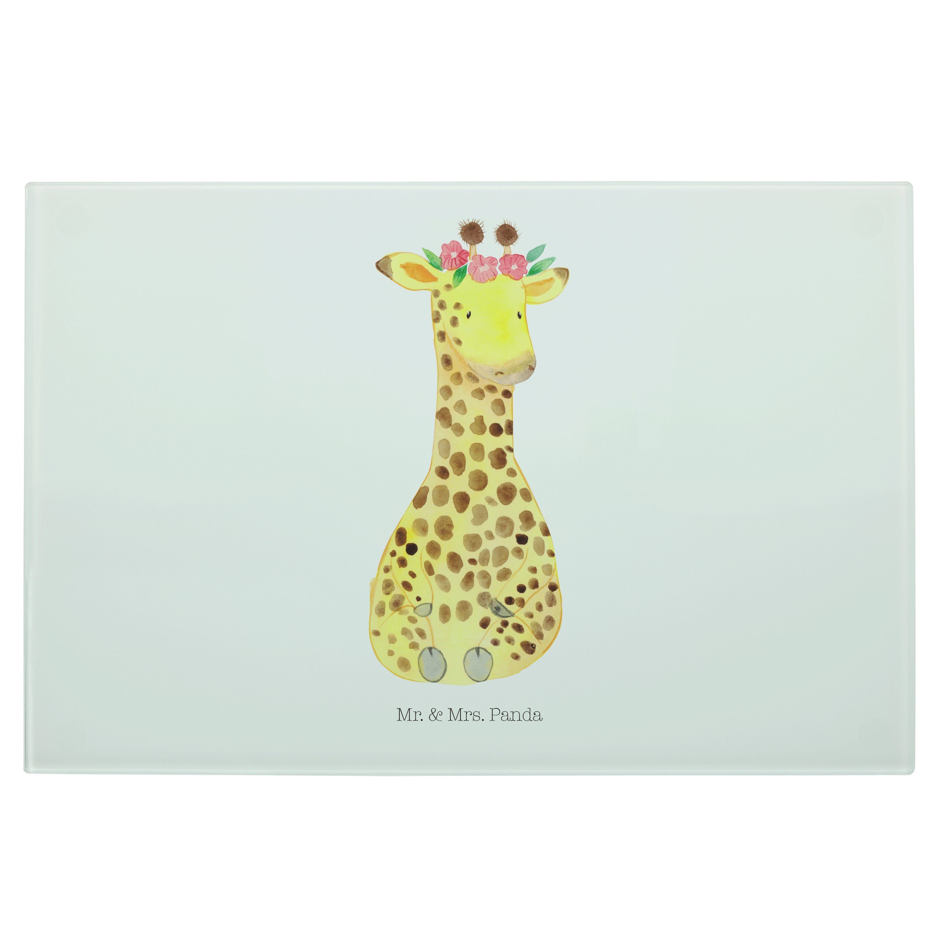 Mr. & Mrs. Panda Servierbrett Giraffe Blumenkranz - Weiß - Geschenk, Abenteurer, Wildtiere, Glassch, Premium Glas, (1-St)