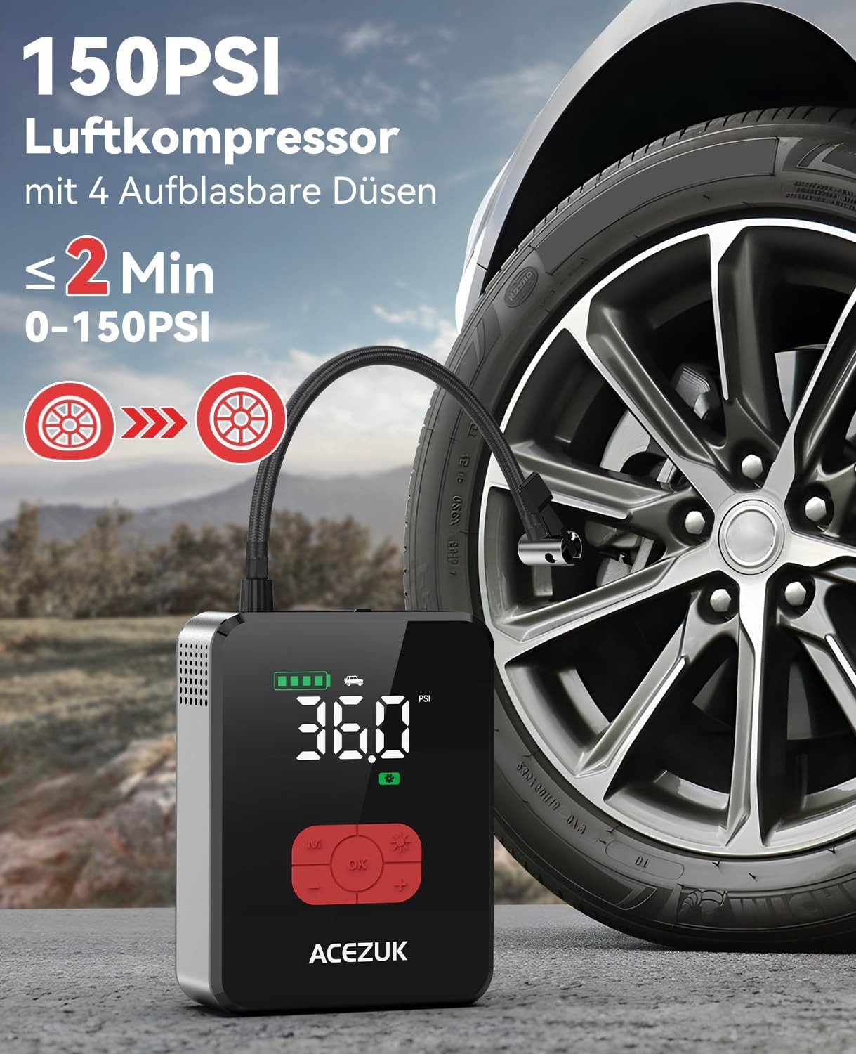 Acezuk Starthilfegerät Auto-Starthilfe 7000A Luftkompressor 26800 mAh (12, 26,8 V), 3 in 1 Booster mit 150 PSI Kompressor & 3,3″ Display