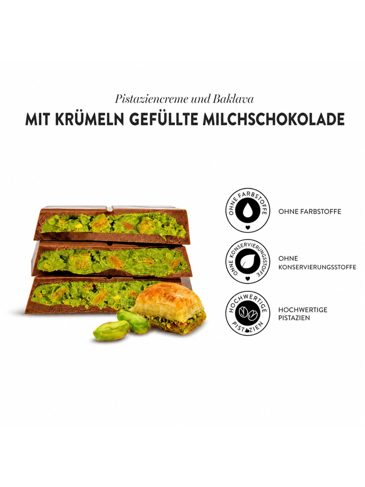 PATISLOVE Schokolade Milchschokolade mit Pistaziencreme & Baklava-Stückchen 100g, ohne Konservierungsstoffe, ohne Farbstoffe