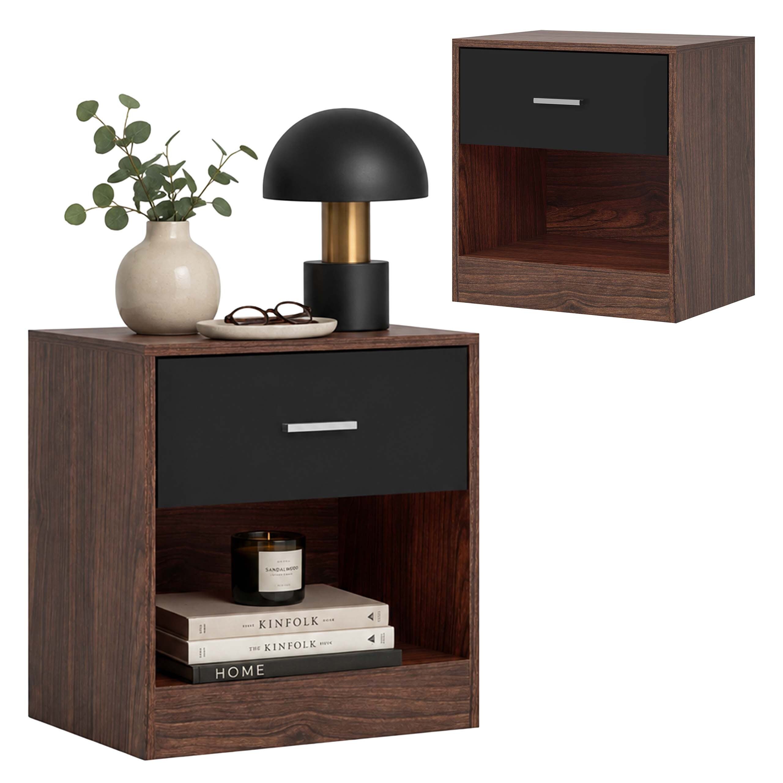 relaxdays Nachtschrank Nachttisch mit Schublade (2-St) Braun-Schwarz, 2er-Pack