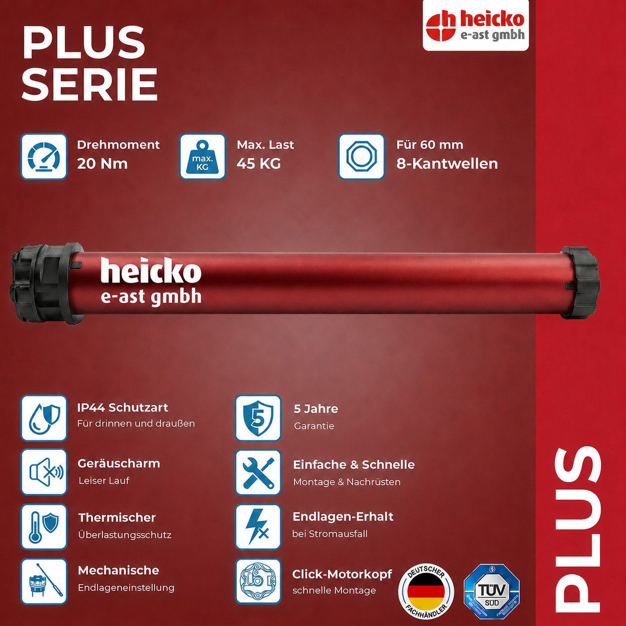 heicko e-ast GmbH Rollladenmotor Rolladenmotor Plus 20Nm SW60 mechanisch, Rohrmotor SW60, 20 Nm, max. 45 kg Zugkraft, mechanisch