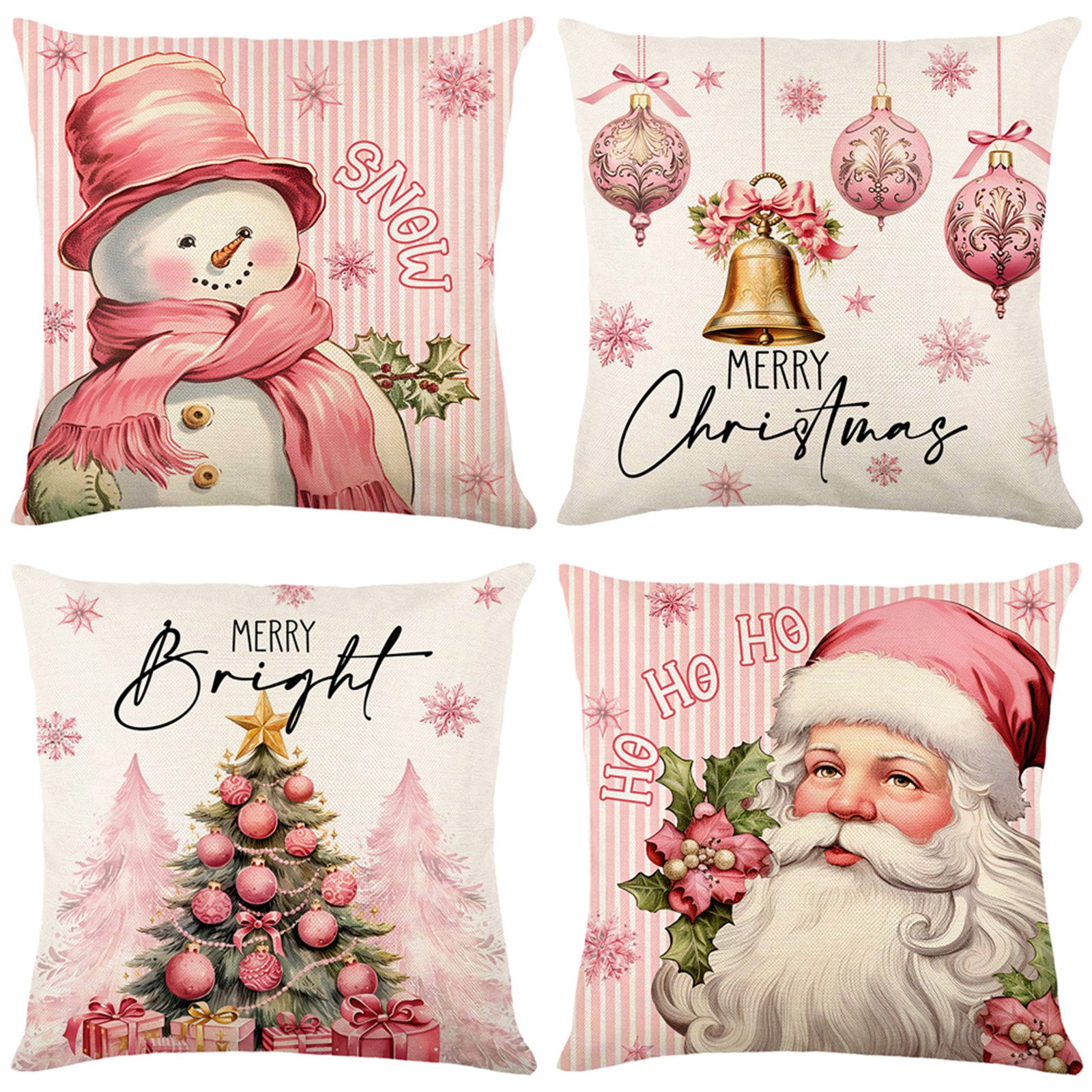 BTTO Kissenhülle Leinen Kissenbezug 4 Stück Dekokissen 45X45 cm Sofakissen,Couchkissen, Weihnachten,Jubiläum,Schneemann,Weihnachtsmann,Brief