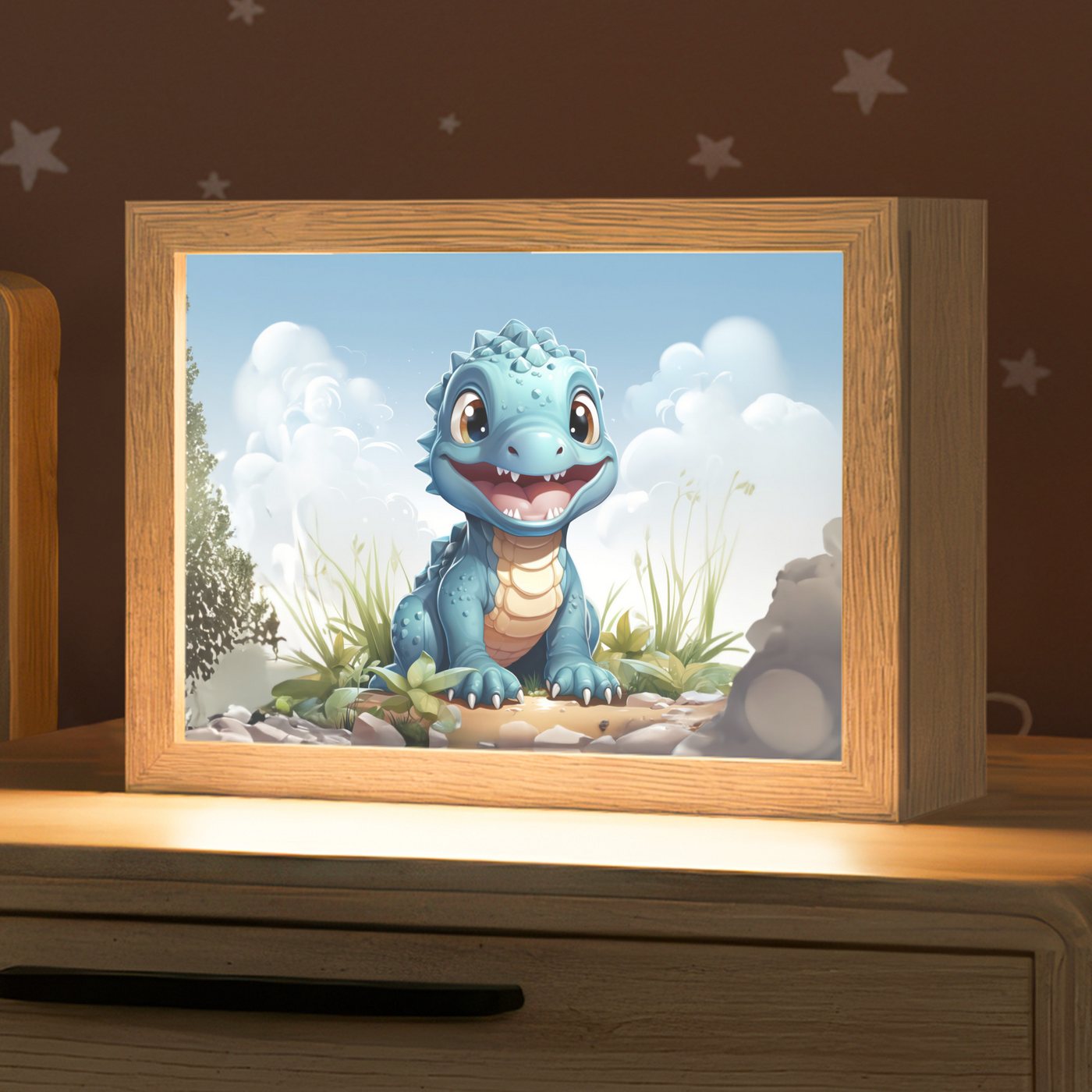 OnlyWow Nachttischlampe Lightbox Drache - Blau - Jungen - Kinder, Dimmbar, Farbwechsel, LED, Warmweiß, Kaltweiß, Neutralweiß Einstellbar, Nachtlicht, Kinder- und Babyzimmer, Dimmbar, mit Kabel, Tischleuchte