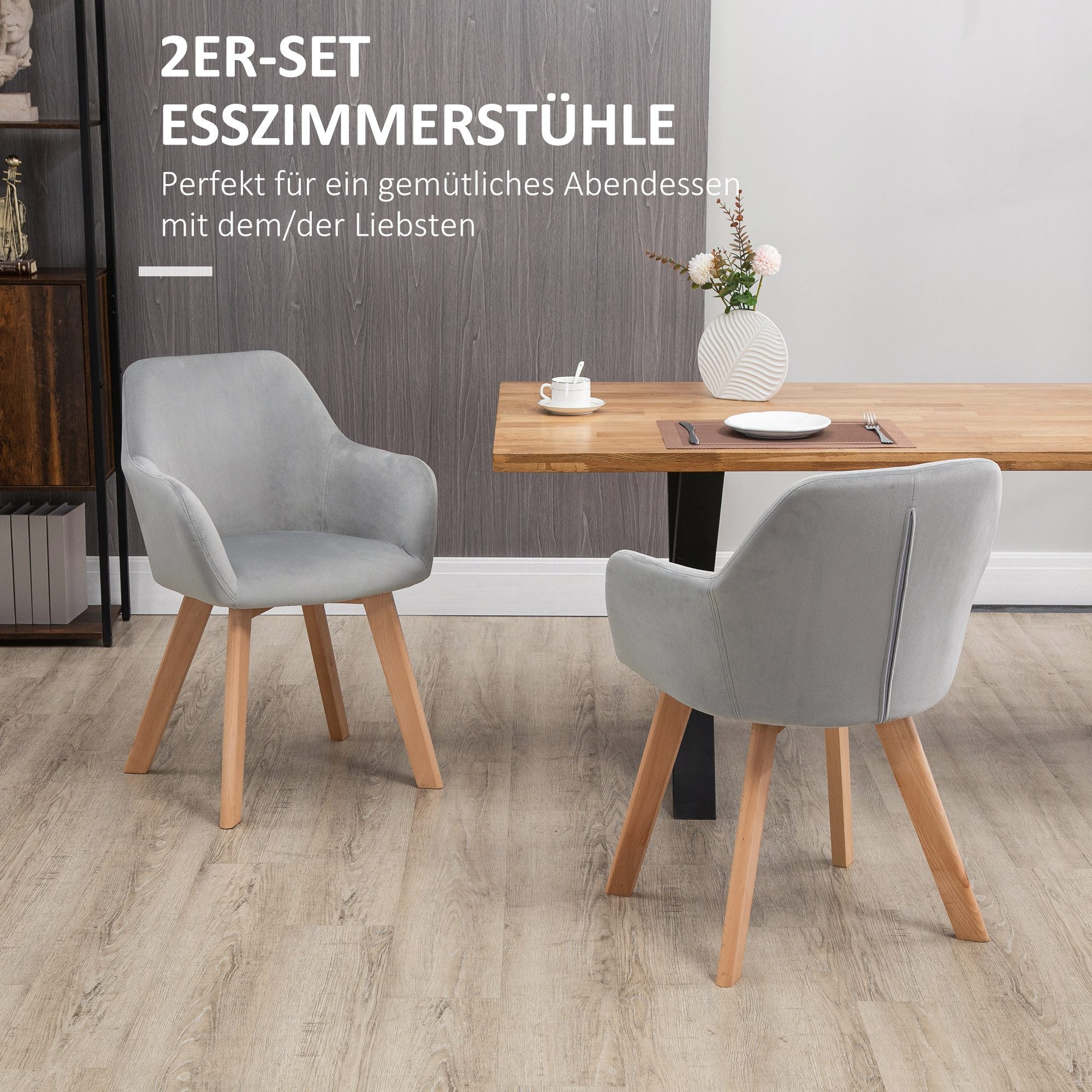 HOMCOM Esszimmerstuhl Sessel Polsterstuhl mit Armlehne, Samtoptik, Stühle mit Holzbeinen (Küchenstuhl, 2 St), für Wohnzimmer, Esszimmer, Grau – Bild 4 von 5