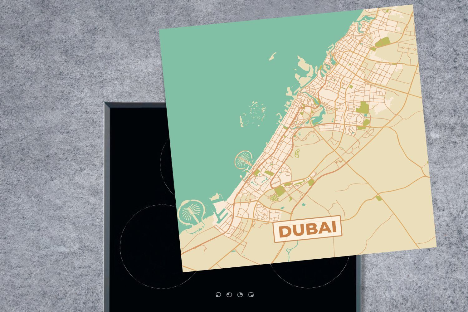 küche - Karte tlg), Dubai Arbeitsplatte Vintage, cm, Stadtplan - (1 Herdblende-/Abdeckplatte Ceranfeldabdeckung, - 78x78 Vinyl, für MuchoWow