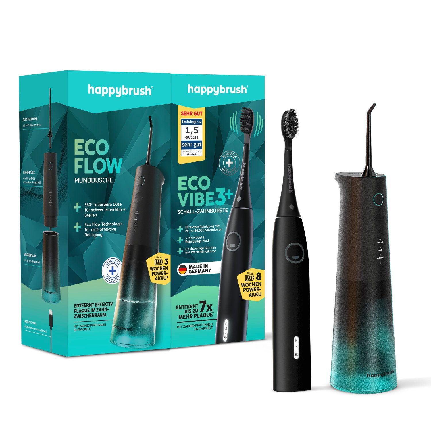 happybrush Munddusche Eco Vibe 3+ & Munddusche - 100 Tage Probeputzen - bis 8 Wochen Akku, Aufsätze: 2 St., Integrierter Timer für die ideale Pflegedauer