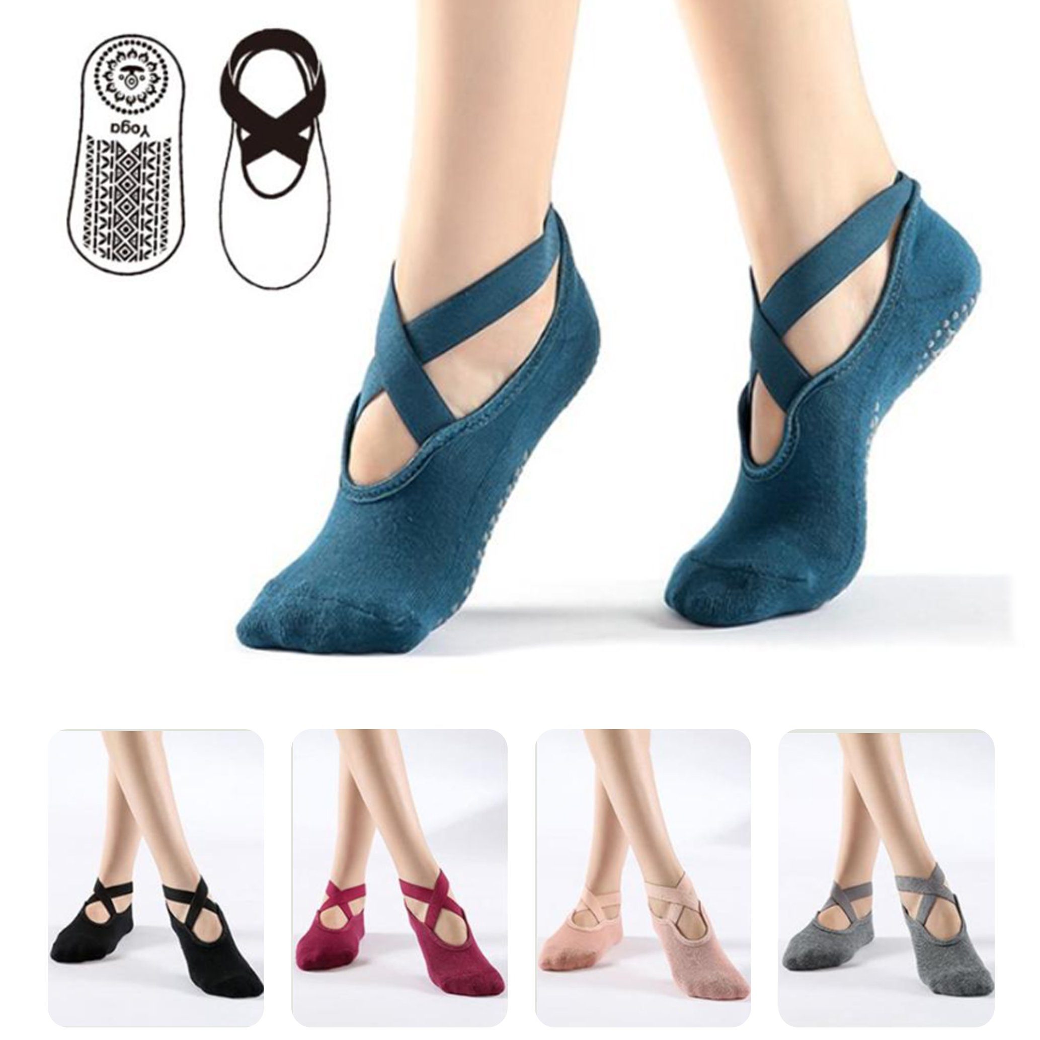 GOLDEN Sportsocken rutschfeste Socken Damen für Yoga Pilates Tanz Ballet mit Griffen cyanblau