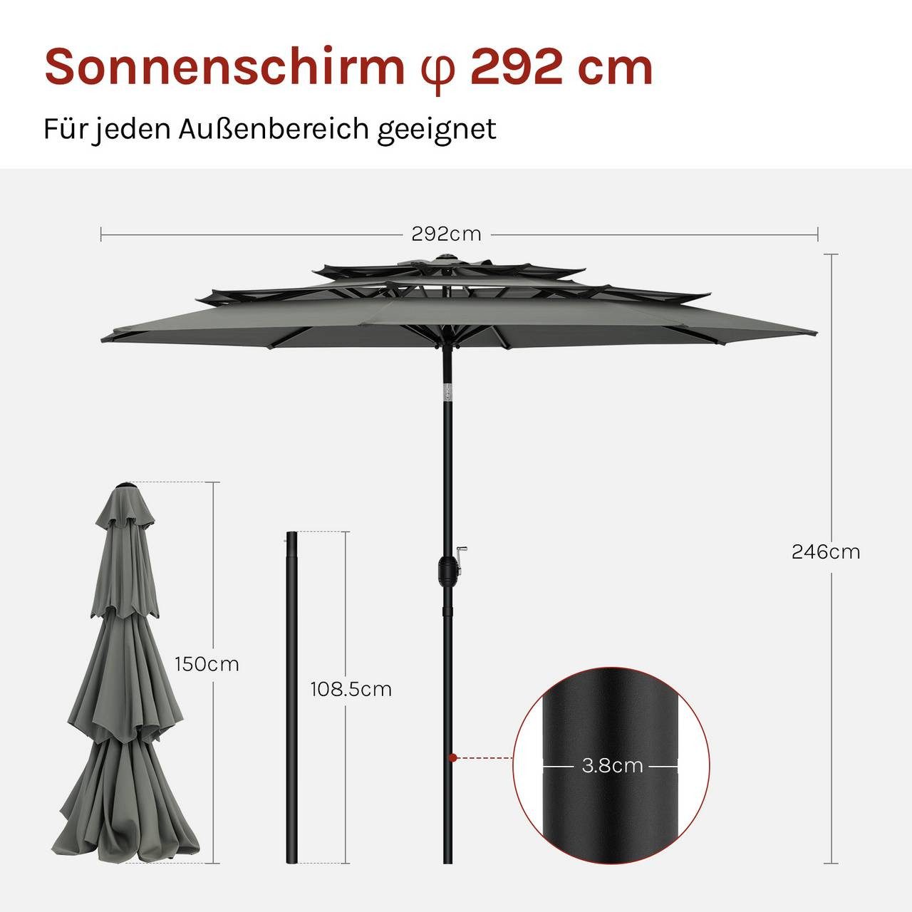 Woltu Sonnenschirm, UV-Schutz Strandsonnenschirm UPF 50+, Dunkelgrau
