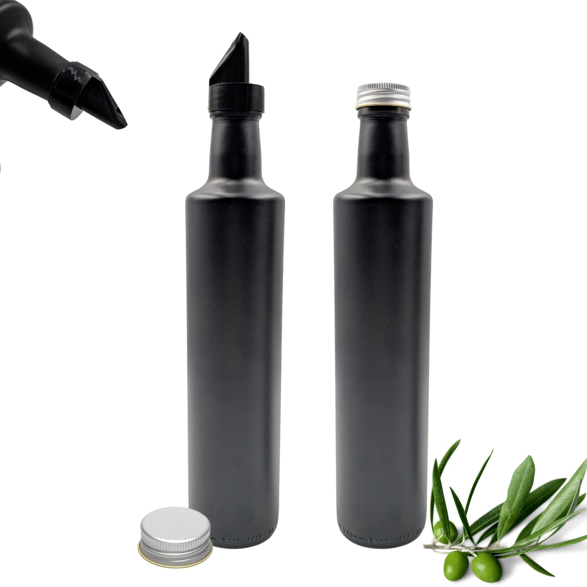 Ölspender 2x schwarze Ölflasche 500ml mit Ausgießer Glasflasche + Etiketten