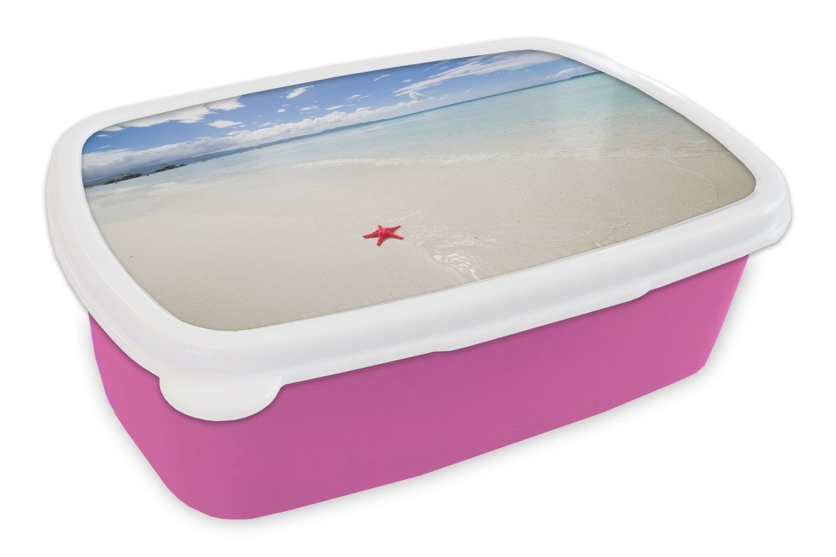 MuchoWow Lunchbox Seestern - Rot - Sand, Kunststoff, (2-tlg), Brotbox für Erwachsene, Brotdose Kinder, Snackbox, Mädchen, Kunststoff rosa