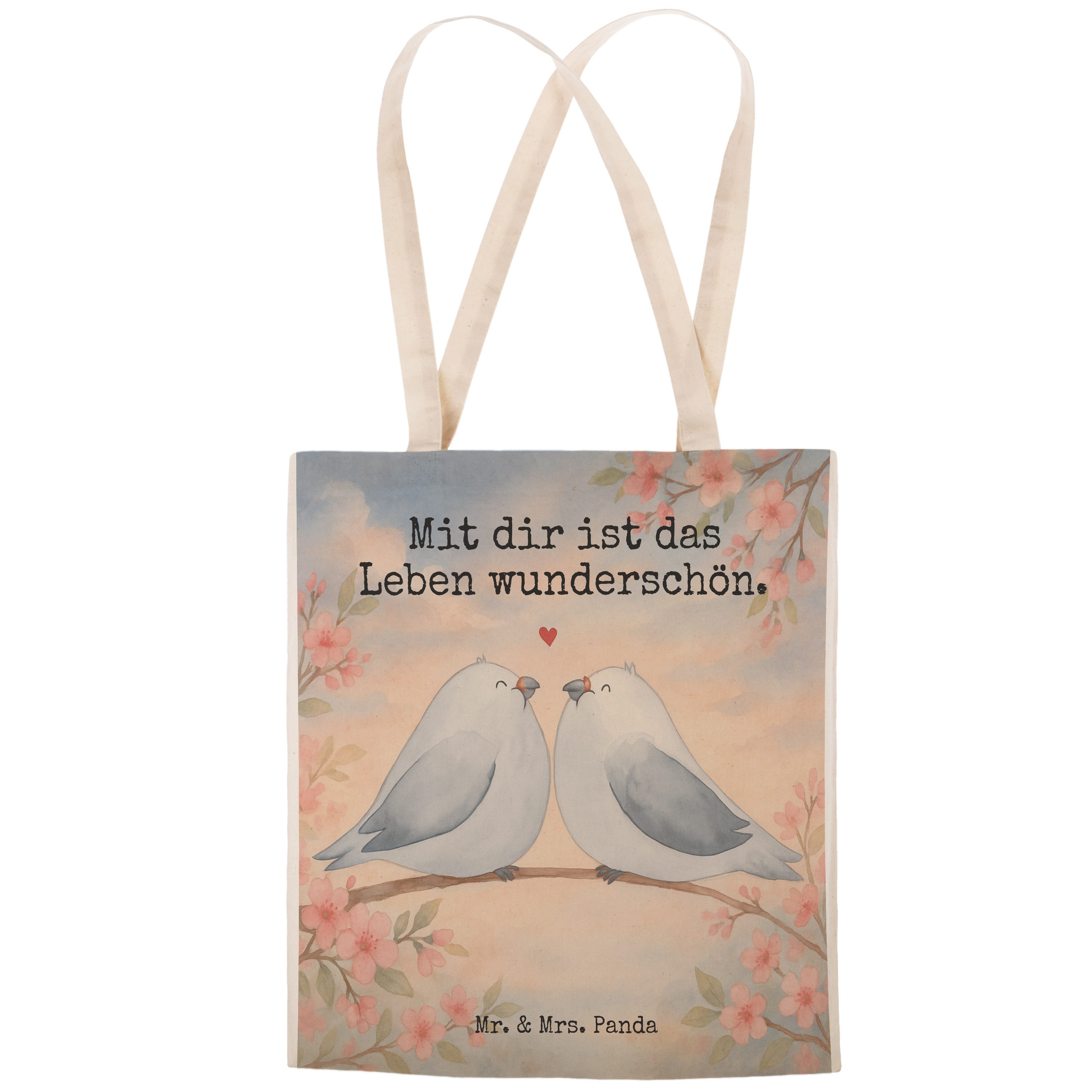 Mr. & Mrs. Panda Tragetasche Turteltauben Liebe Design, Tote Bag, Weiß, Tauben, Jahrestag, Tasche, (Packung), Geschenk Freizeittasche Jahrestag