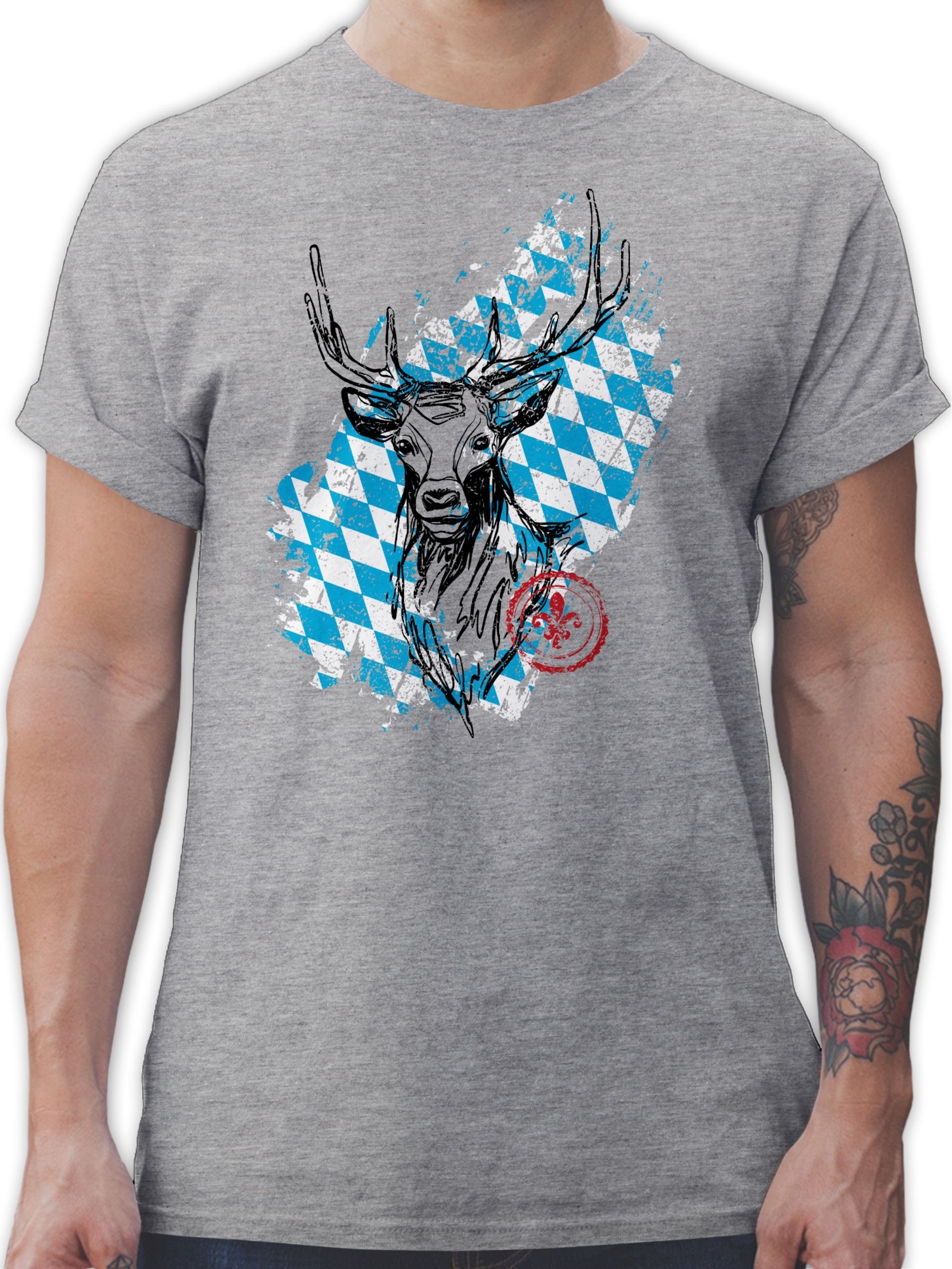 Shirtracer T-Shirt Hirsch mit bayrischem Wappen Mode für Oktoberfest Herren 2 Grau meliert
