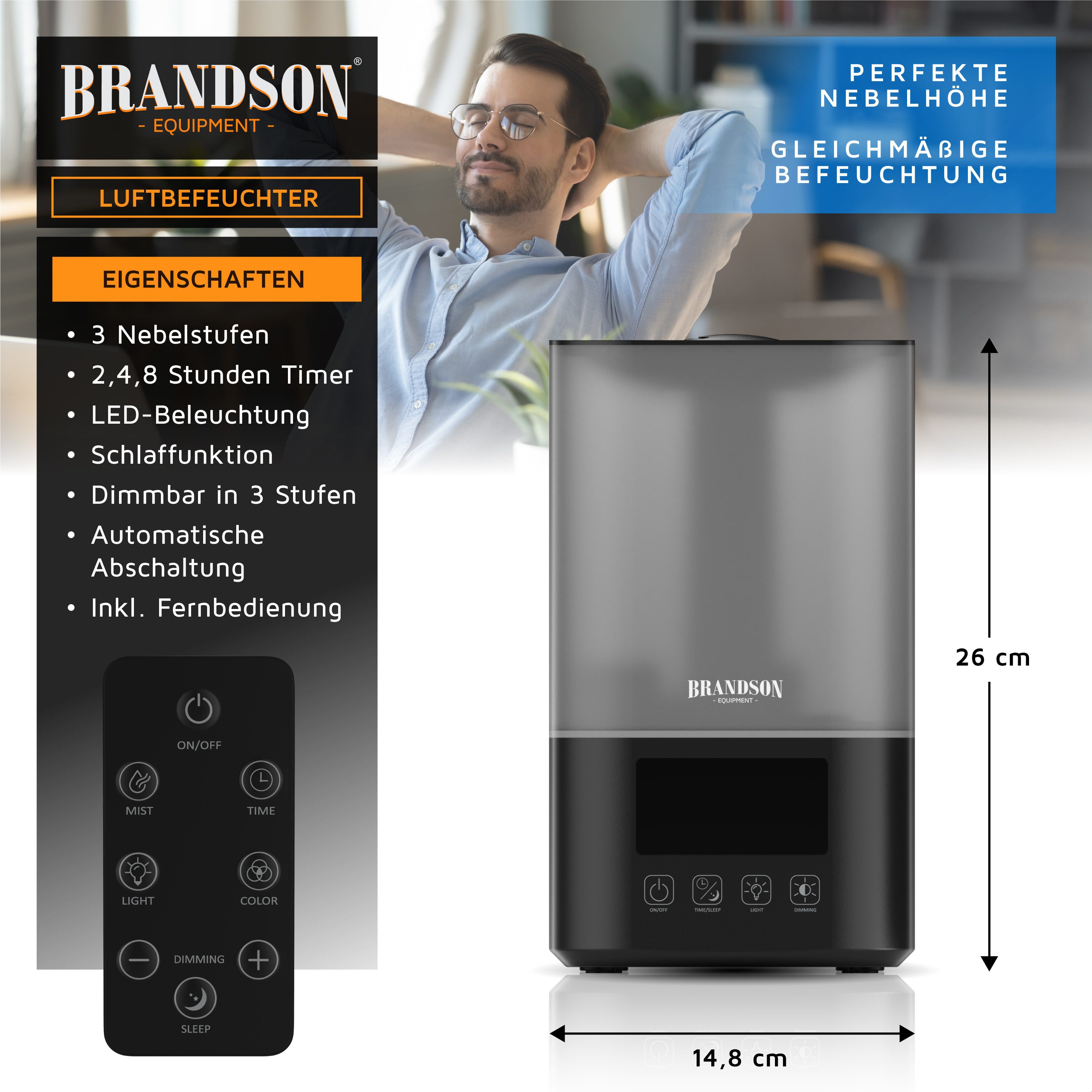 Brandson Luftbefeuchter 2,5L, Fernbedienung, 3 Helligkeitsstufen, RGB, Timer, sehr leise 30dbA, 2.5 l Wassertank, 3 Nebelstufen, Sleep Modus, für Schlafzimmer Kinderzimmer Wohnzimmer