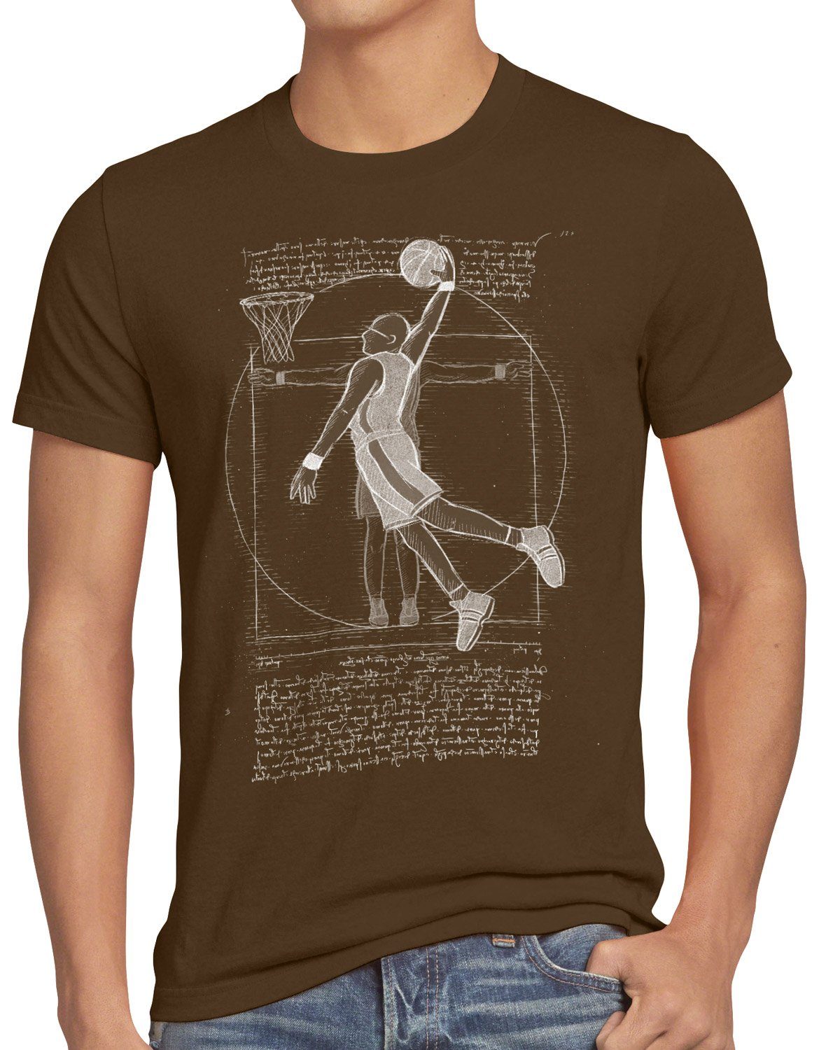 style3 Print-Shirt Herren T-Shirt Vitruvianischer Basketballspieler ballsport da vinci mensch braun