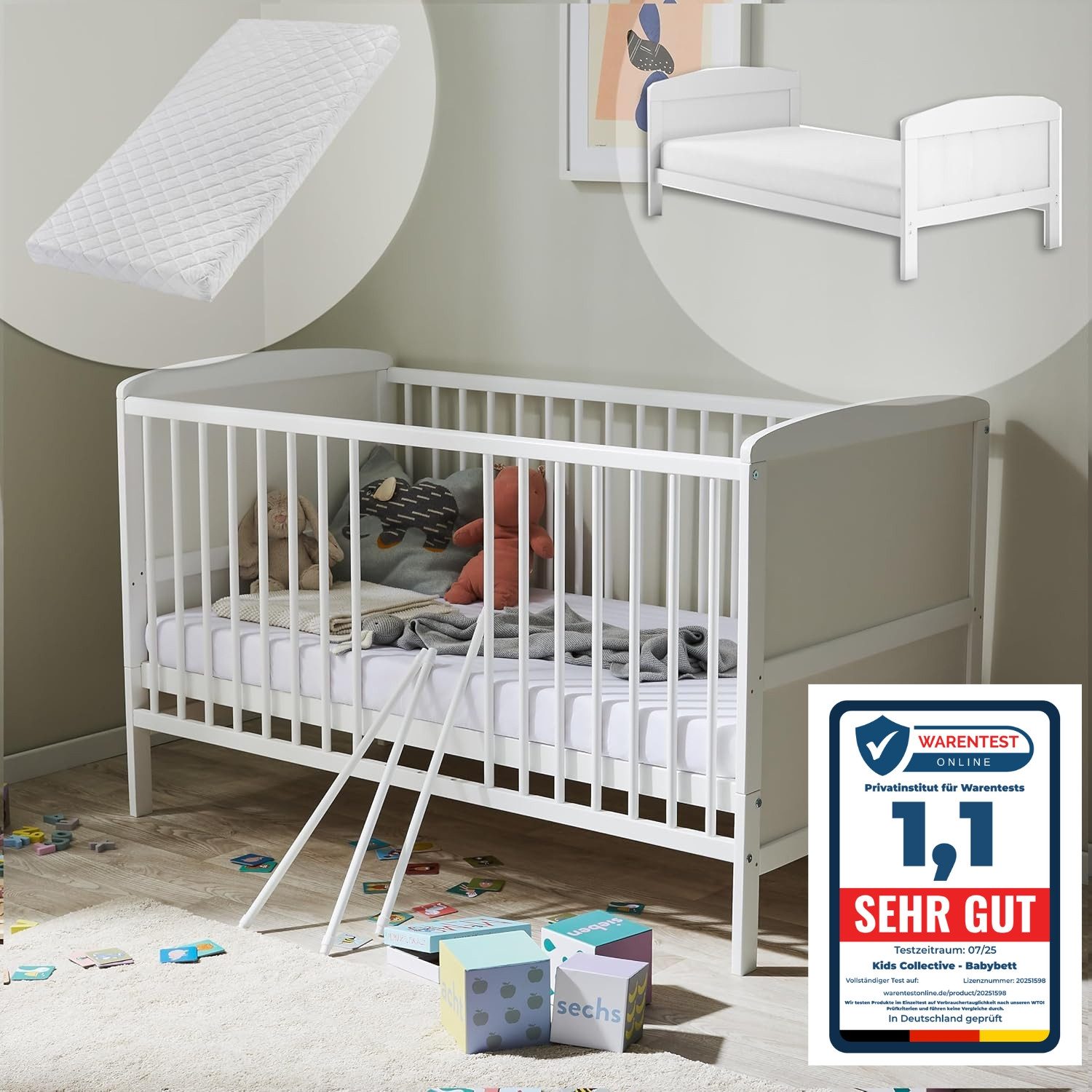 Kids Collective Babybett Kinderbett 70x140 cm umbaubares Gitterbett höhenverstellbar, herausnehmbare Sprossen mit Matratze, weiss Vollholz Kiefer
