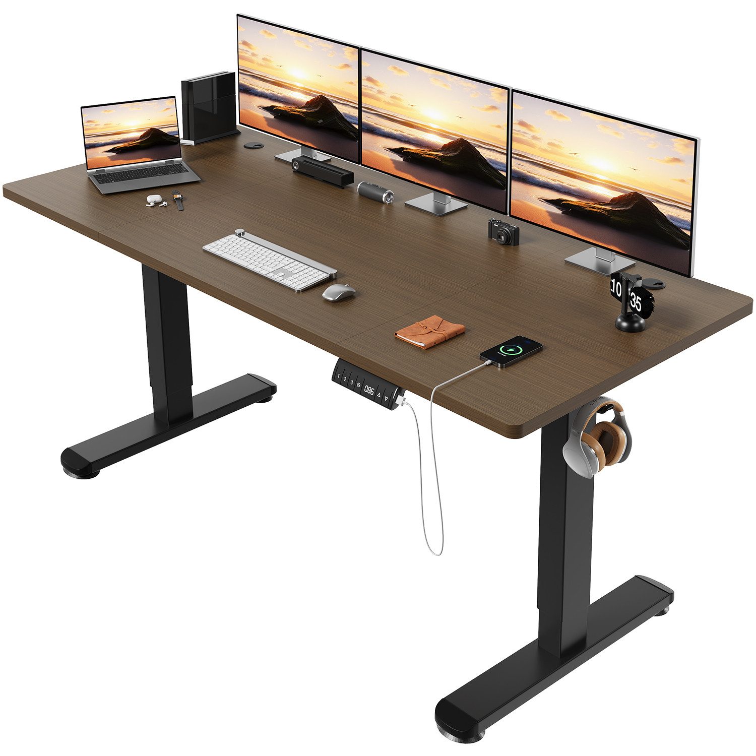 HOMALL Schreibtisch Höhenverstellbarer Elektrisch Schreibtisch, Vierteilige Tischplatte (GroBe MaBe: 140 x 70 cm, 160/180 x 80 cm mit USB-Ladeanschluss, in 3 Stufen hoherverstellbar)