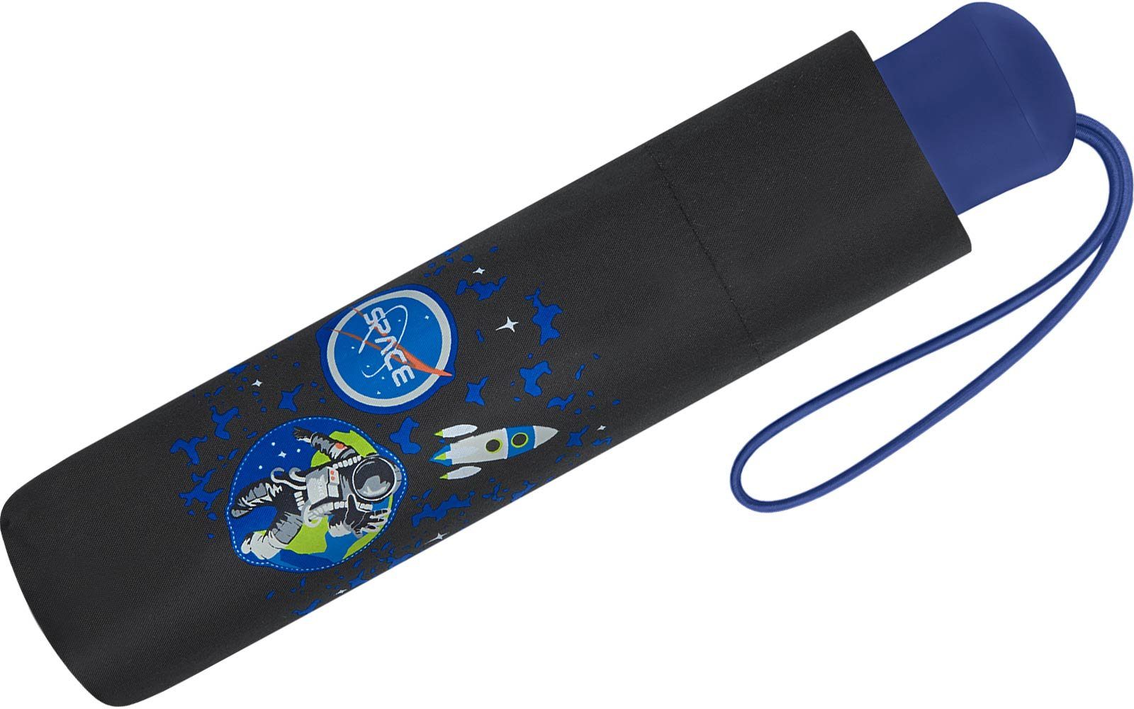Scout Taschenregenschirm Black Galaxy - Mini Kinderschirm, extra leicht für Kinder gemacht, reflektierend und bedruckt