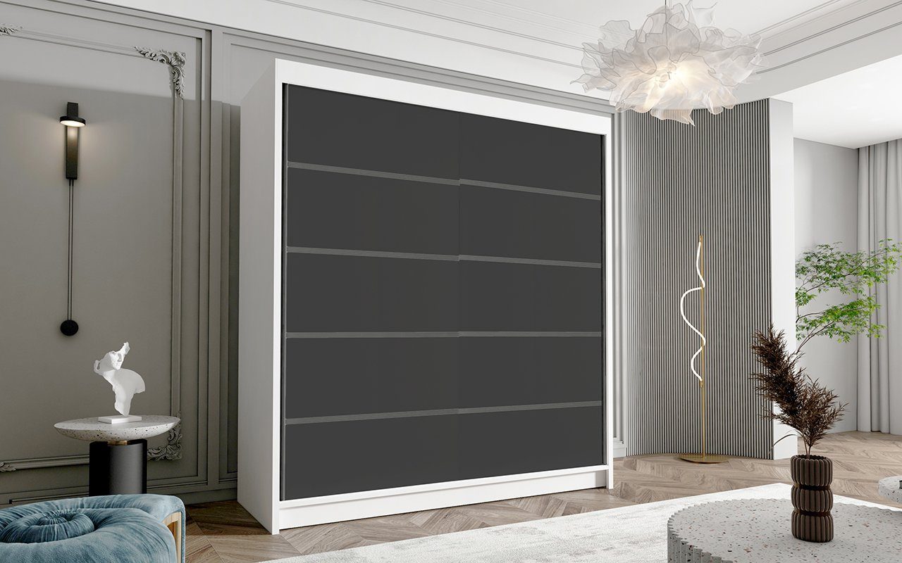 Sofnet Kleiderschrank Harry IV (mit Schiebetüren und Kleiderstange) Schwebetürenschrank mit 2 Türen, Schiebetürenschrank - 180x215x58 cm Weiß / Schwarz