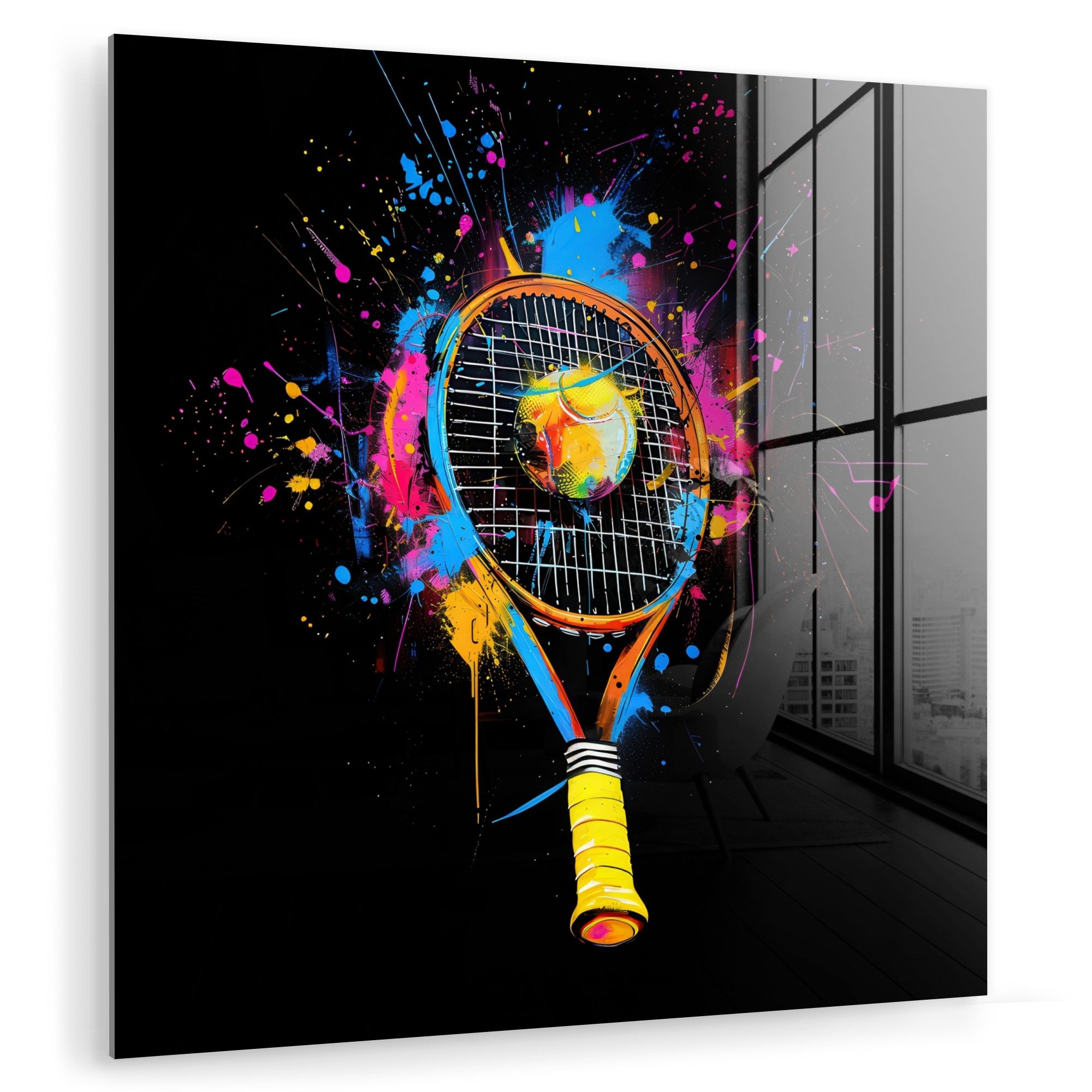 MuchoWow Acrylglasbild Graffiti - Sport - Tennis - Rakete - Ball, Inkl. Aufhängung, Bilder auf Glas Wandbild, Wanddeko Wohnzimmer Badezimmer, 20x20 cm