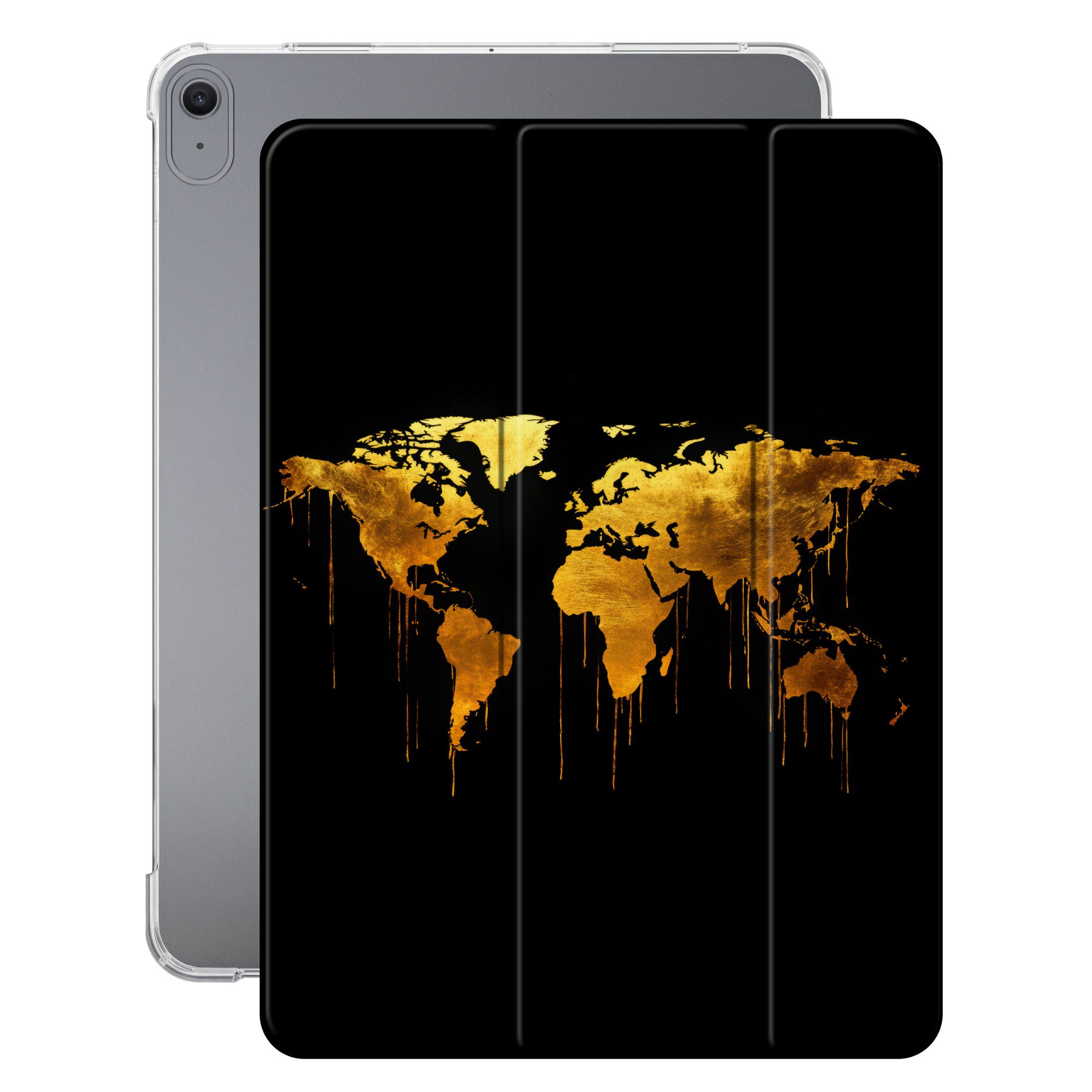 OnlyWow Tablet-Hülle Apple iPad 2025 Weltkarte - Gold - Tropfend - Schwarz, Flip Cover, Auto-Sleep/Wake-Funktion, Dünn, mit Muster