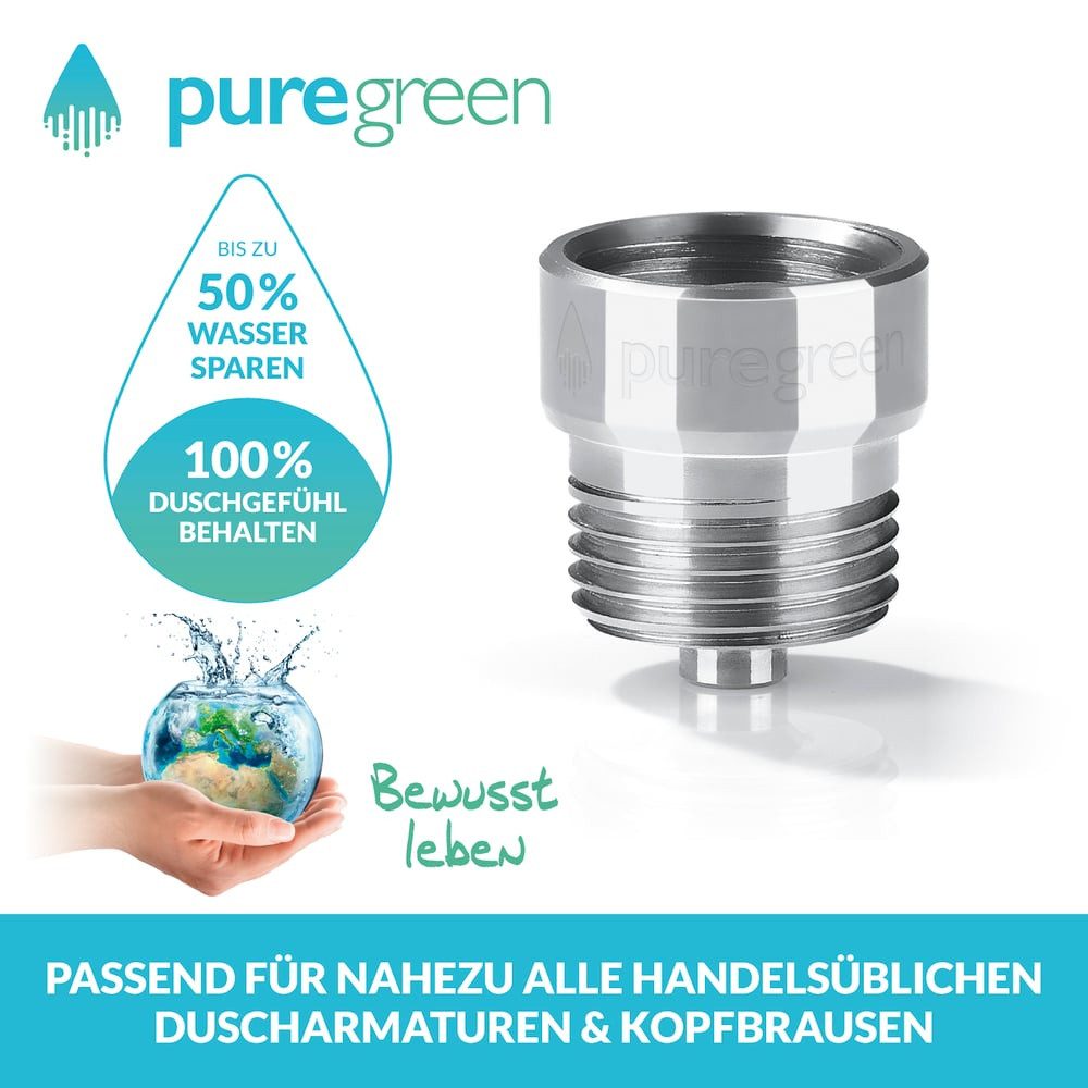 puregreen Duscharmatur Wassersparer für die Dusche - Spart bis zu 50 % Wasser - chromfarben