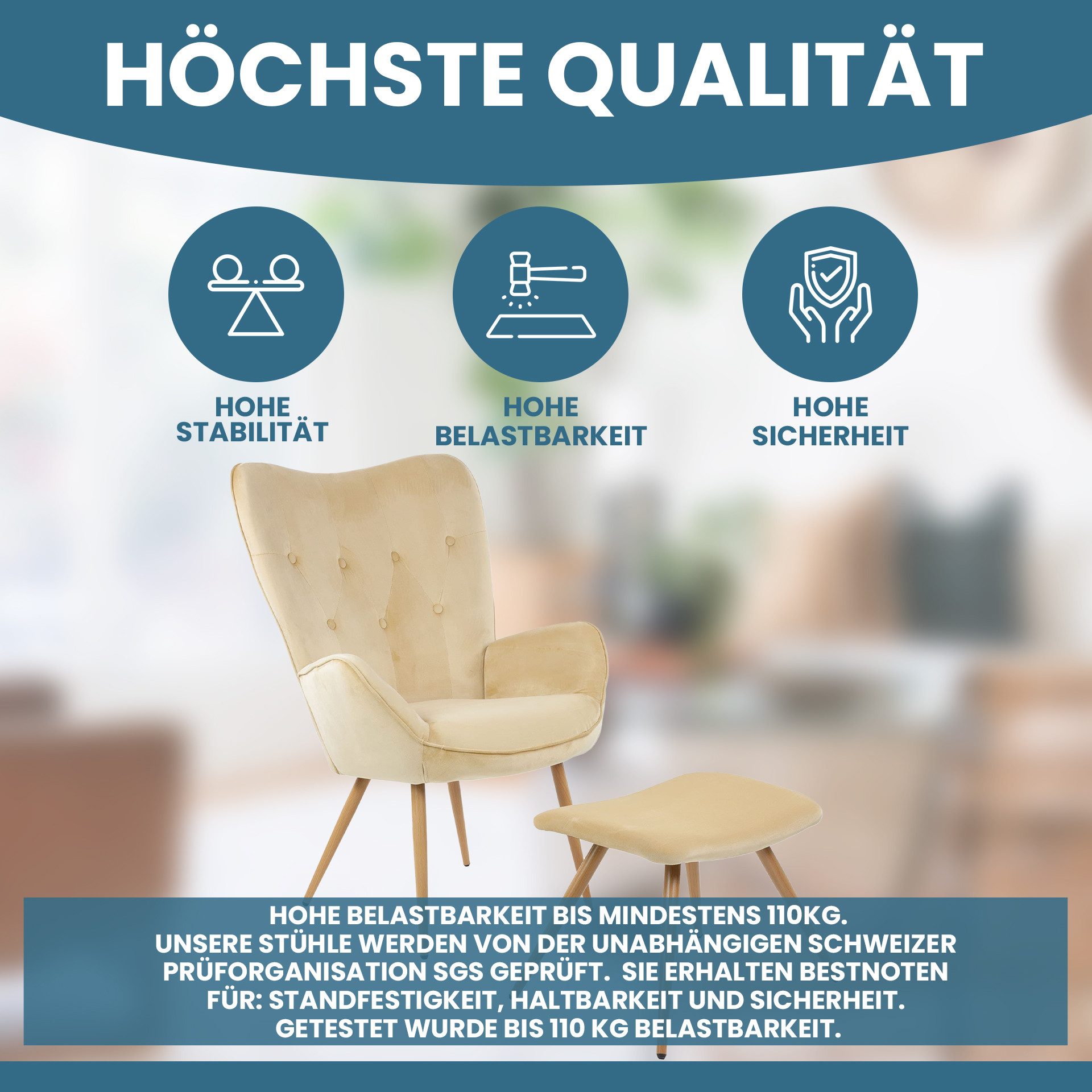 Albatros International Sessel Ohrensessel York beige Moderner Look Relaxsessel Lesesessel (Beige), Vintage u Stilvoll, Samt-Bezug - Eleganter und SGS geprüft – Bild 3 von 5
