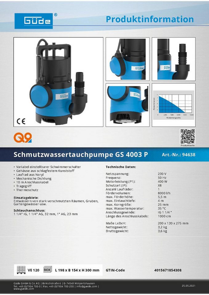 Thumbnail - Güde Klarwasserpumpe, GS 4003 P, Tauchpumpe, 400 Watt 8.000 l/h