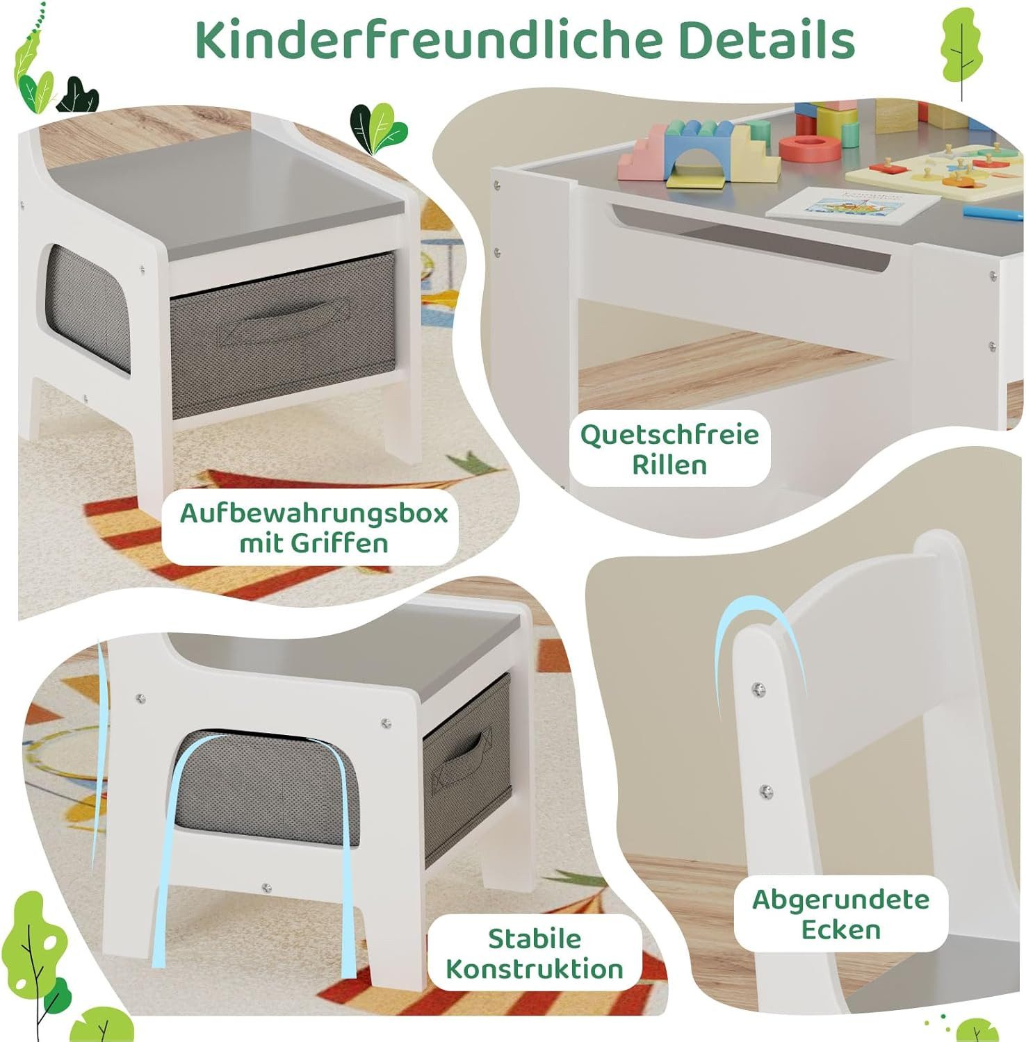 TLGREEN Kindersitzgruppe 3-in-1 Multifunktional mit Whiteboard & Kreidetafel, (Maltisch & Schreibtisch mit Großen Stauraum & Buchständer, Spieltisch für Lego Ki – Bild 5 von 5