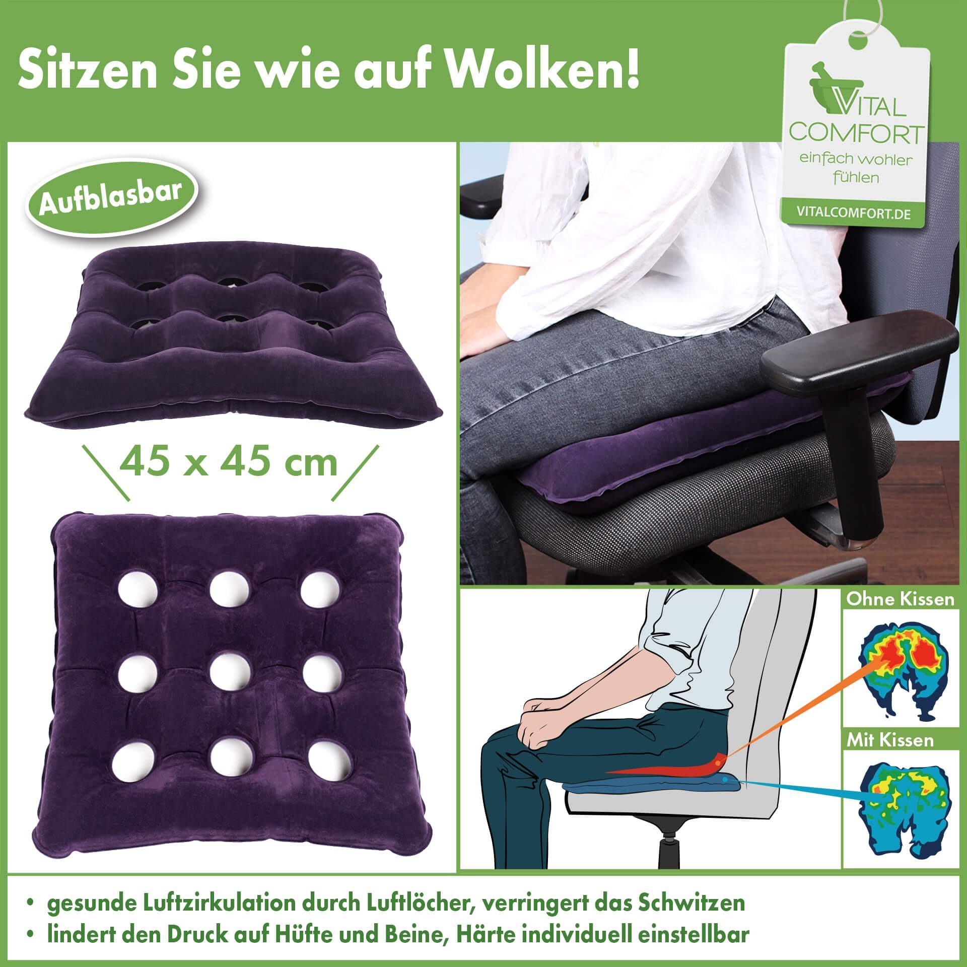 Vital Comfort Rückenkissen, komfortables Luft-Sitzkissen