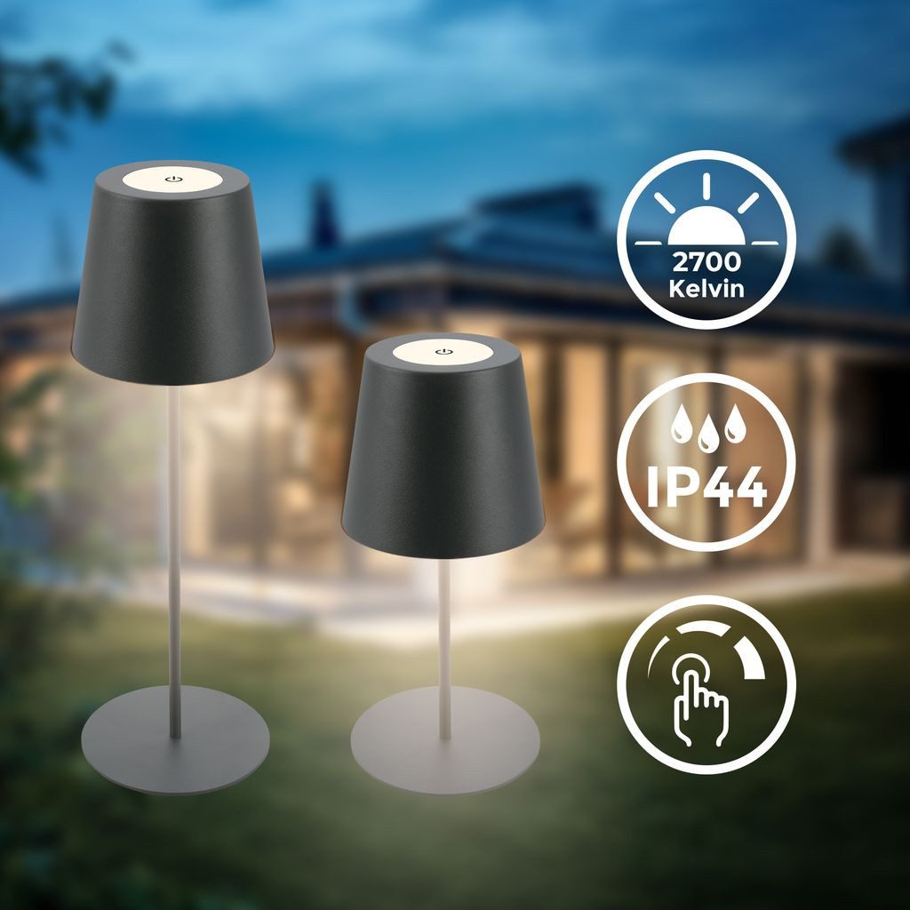 B.K.Licht Tischleuchte Akku LED Tischlampe anthrazit Indoor/Outdoor - BKL1593, Dimmfunktion, LED fest integriert, 2700K - Extra-Warmweiß, LED Tischlampe kabellos 36 x 10,5 cm Anthrazit 2,5W Wohnzimmer