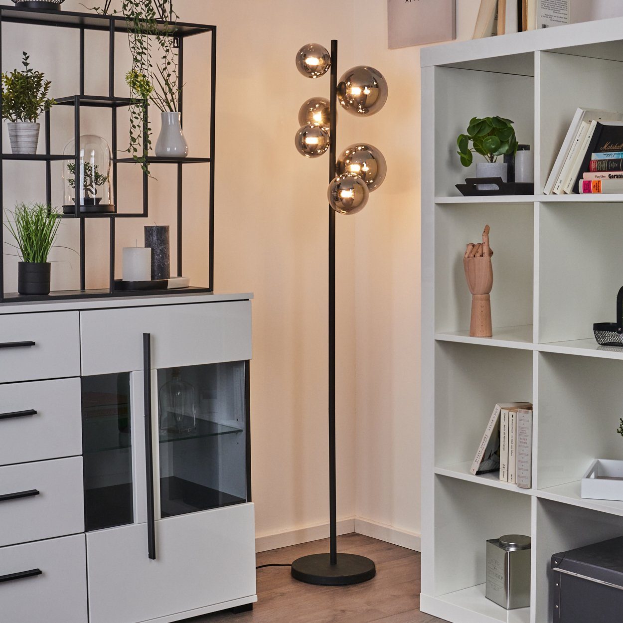 hofstein Stehlampe »Isorella« Stehlampe aus Metall/Glas in Schwarz/Rauchfarben, ohne Leuchtmittel, 3000 Kelvin, Standlampe m. Schirmen Echtglas u. Fußschalter, 480 Lumen