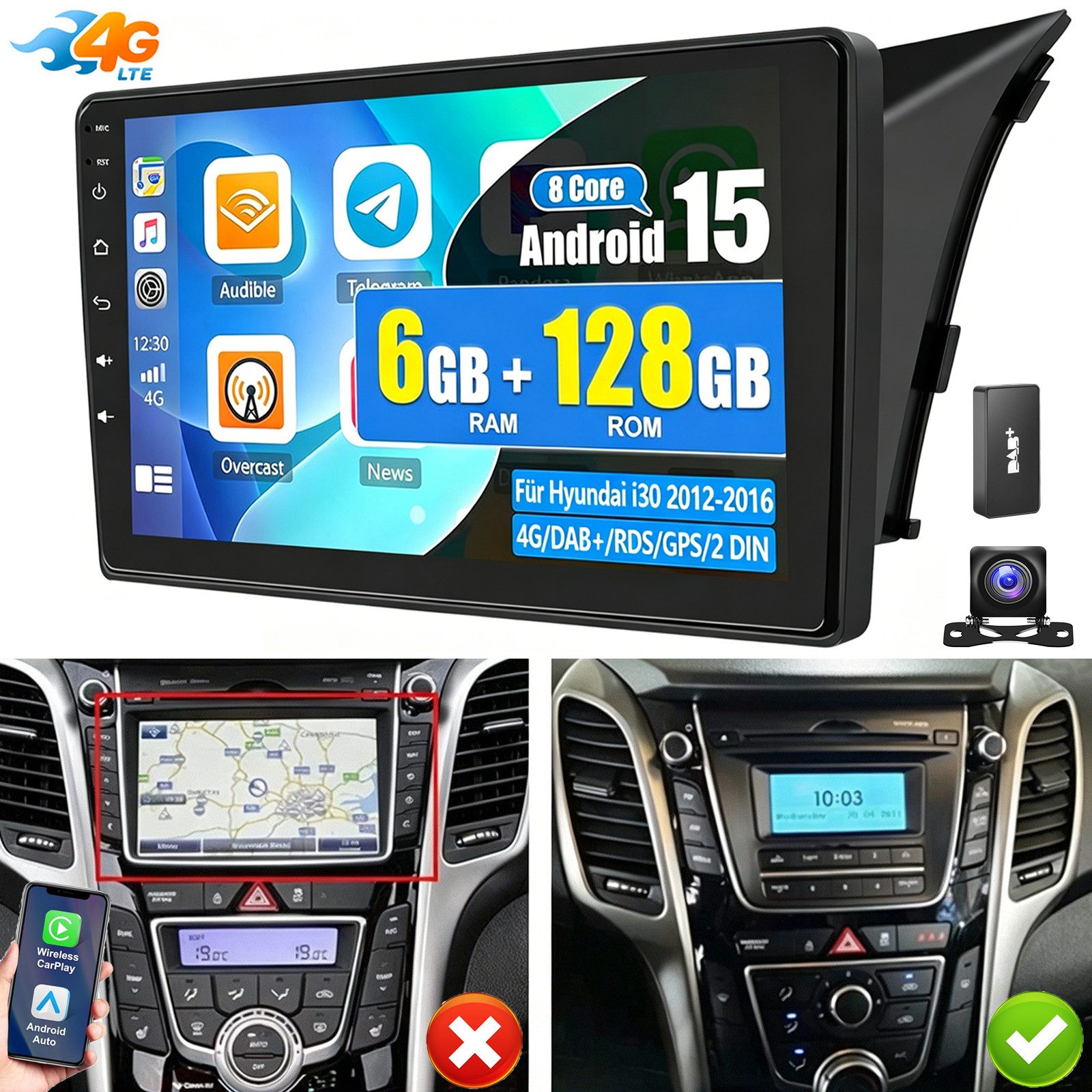 ESSGOO DAB+ 6+128G 8Core Android 15 Autoradio Carplay Für Hyundai i30 2012-16 Autoradio (RDS, Digitalradio (DAB), FM, AM, 6+128G, Carplay Android Auto Bluetooth EQ USB GPS Navi WIFI Touchscreen)