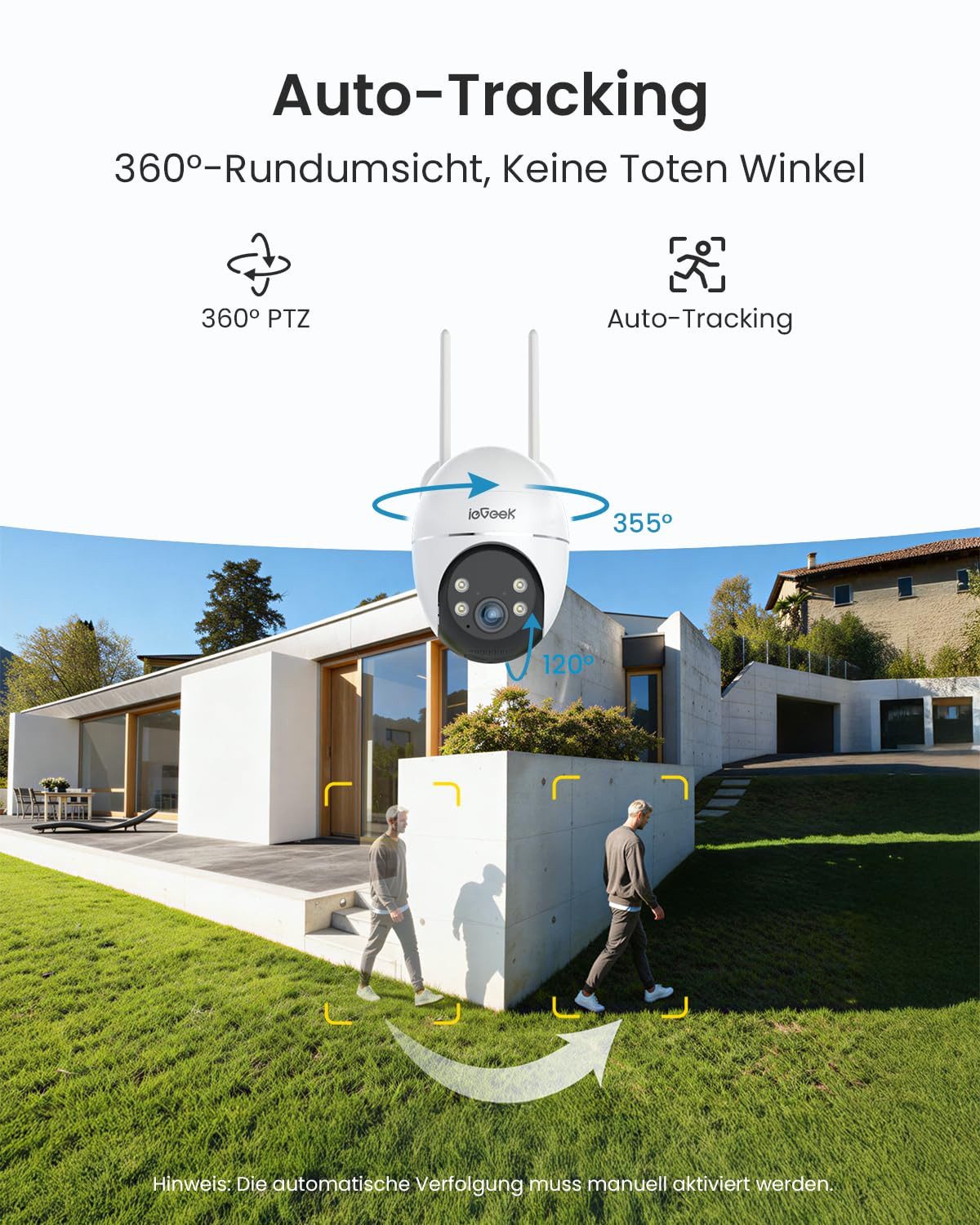 TWUFY Überwachungskamera ieGeek 24/7 AOV Überwachungskamera Aussen mit Auto-Tracking (Outdoor, Außenbereich, außen, Aussen, 5W Solarpanel & 9000mAh Akku, 30m Farbnachtsicht, 1-tlg., 2.5K 4MP 360° PTZ Kamera Solar, Camera Outdoor WLAN Kabellos mit Intelligente Erkennung)