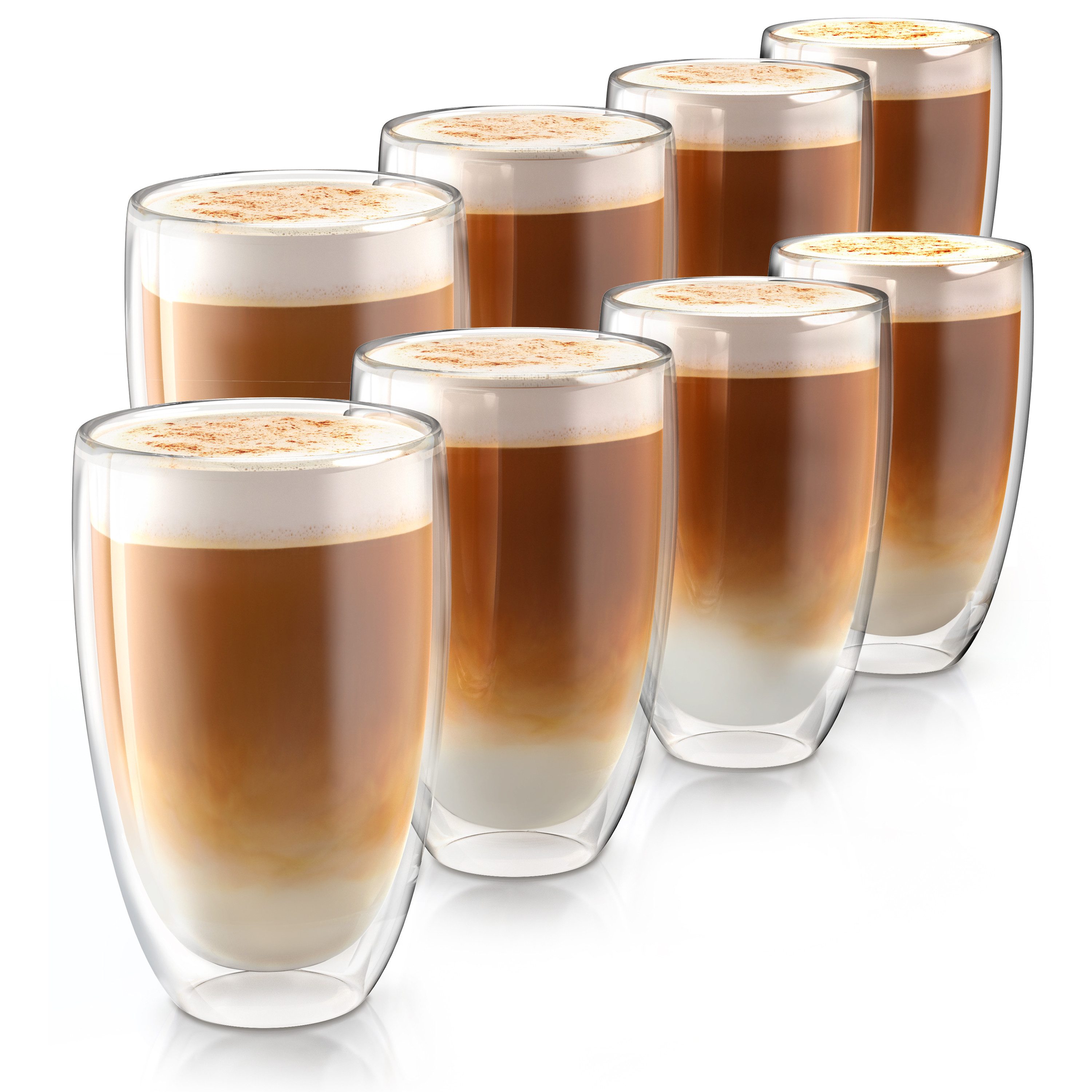 Arendo Gläser-Set doppelwandige Thermogläser, 450 ml Kaffeetasse, Trinkglas ohne Henkel, 8-tlg., Glas, für Latte Macchiato, Cappuccino, Tee, hitzebeständig spülmaschinenfest